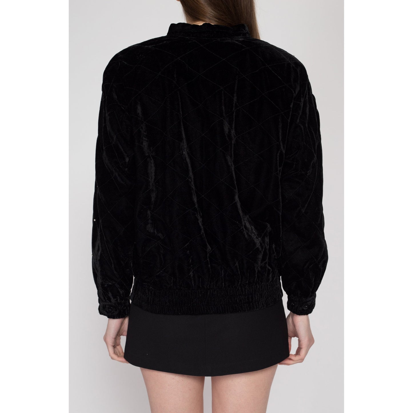 Small 80s Quilted Black Velvet Jacket | Vintage Retro Pearl Beaded Bomber Coat