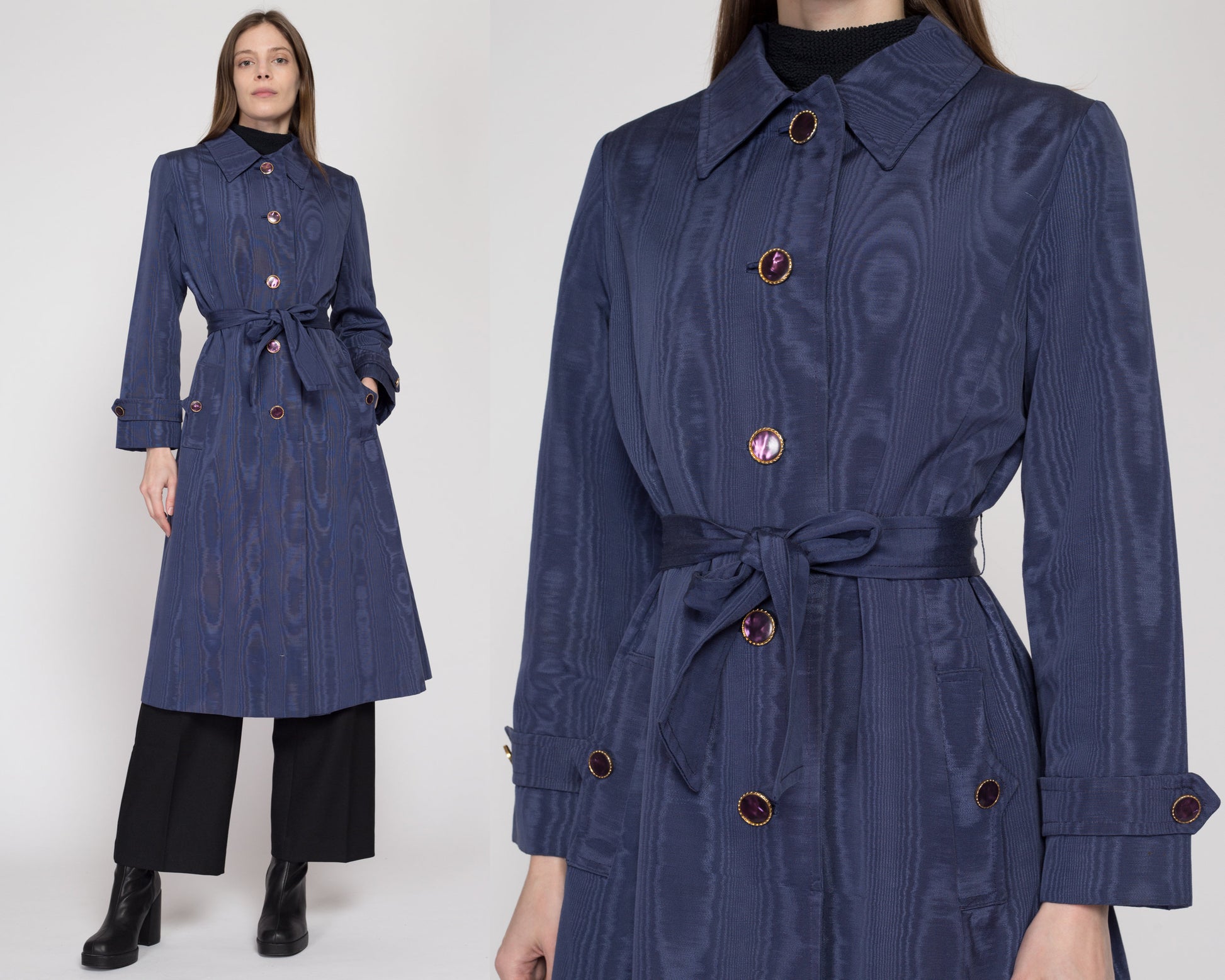 Small 70s Count Romi Slate Blue Moire Belted Trench Coat | Vintage Wood Grain Pattern Single Breasted Button Up Mid Length Jacket