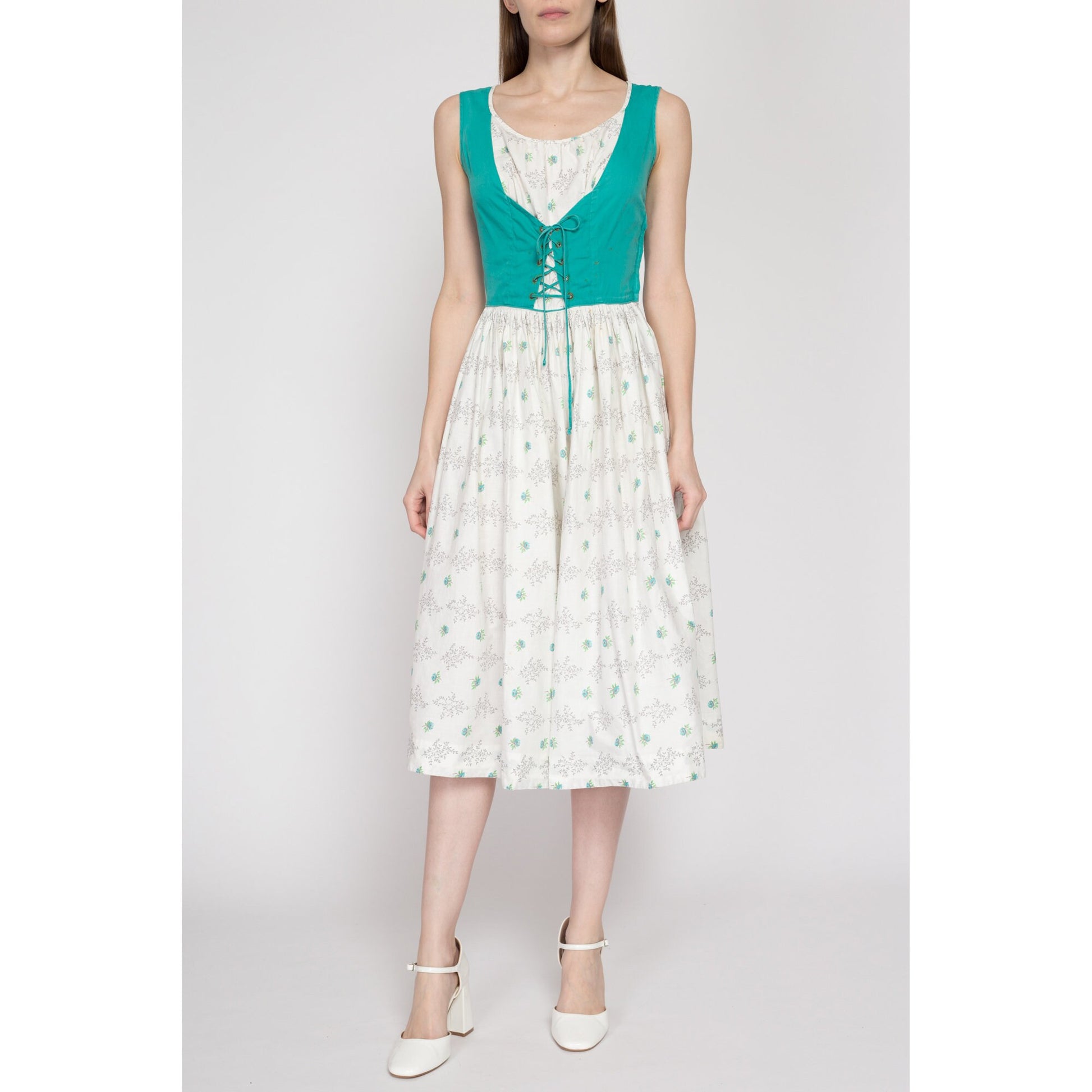 Small 1940s Kerrybrooke Floral Dirndl Folk Dress, As Is | Vintage 40s Trachten Boho Pinafore Octoberfest Costume Midi Dress