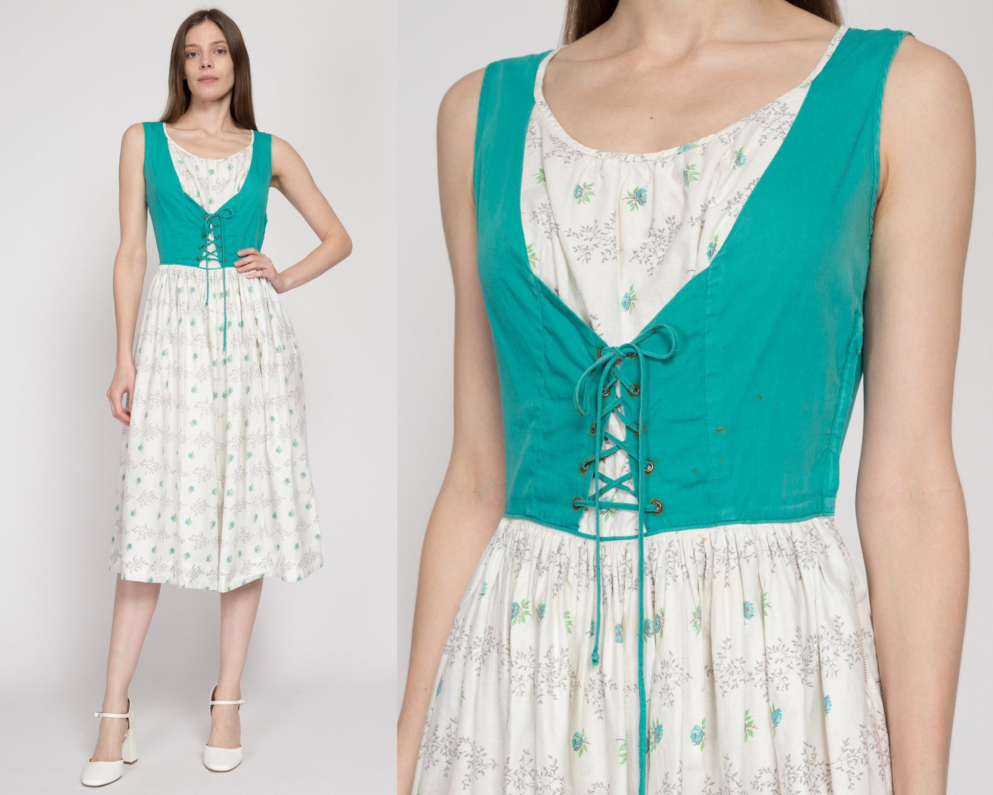 Small 1940s Kerrybrooke Floral Dirndl Folk Dress, As Is | Vintage 40s Trachten Boho Pinafore Octoberfest Costume Midi Dress
