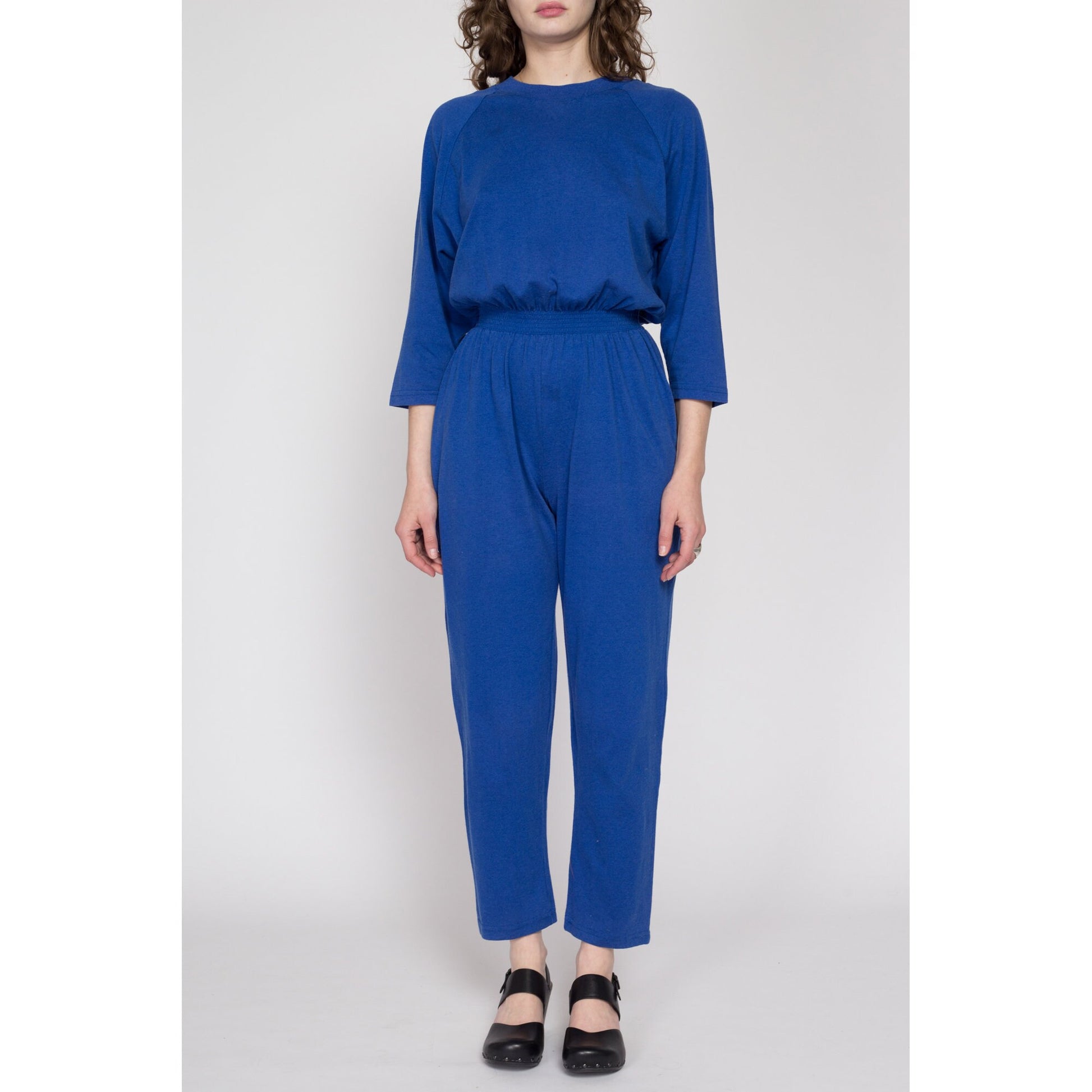 Small 80s Blue Loungewear Jumpsuit | Vintage Elastic Waist 3/4 Batwing Sleeve Jersey Pantsuit Outfit