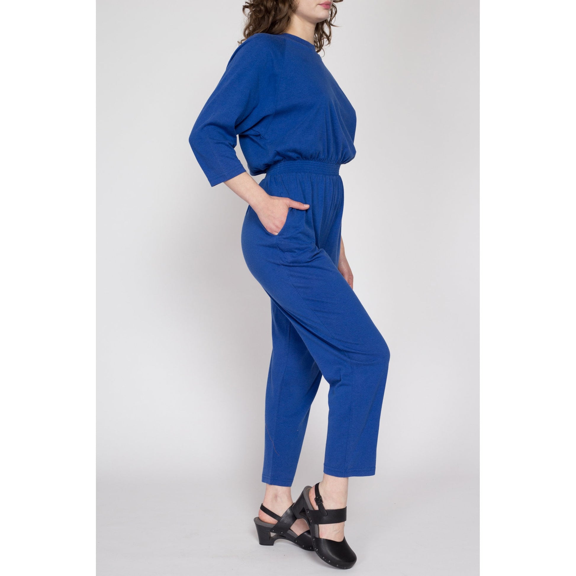 Small 80s Blue Loungewear Jumpsuit | Vintage Elastic Waist 3/4 Batwing Sleeve Jersey Pantsuit Outfit