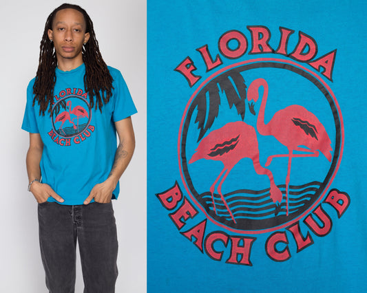 Large 90s Florida Beach Club T Shirt | Vintage Blue Flamingo Graphic Tourist Tee