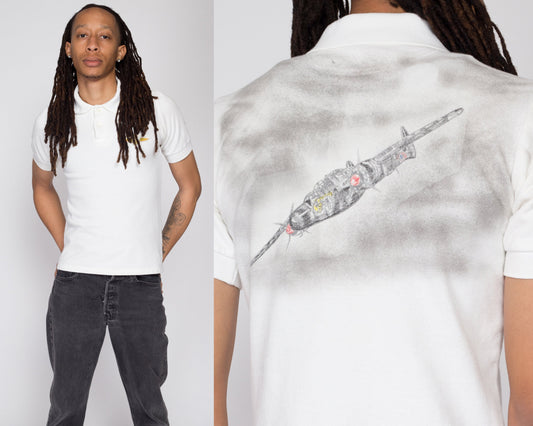 XS 80s Saipan Air Force Polo Shirt | Vintage Fighter Jet Graphic Collared Short Sleeve Top