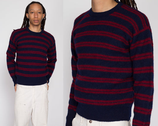 Medium 80s Brooks Brothers Striped Shetland Wool Sweater | Vintage Navy Blue & Red Made In Scotland Knit Pullover Jumper