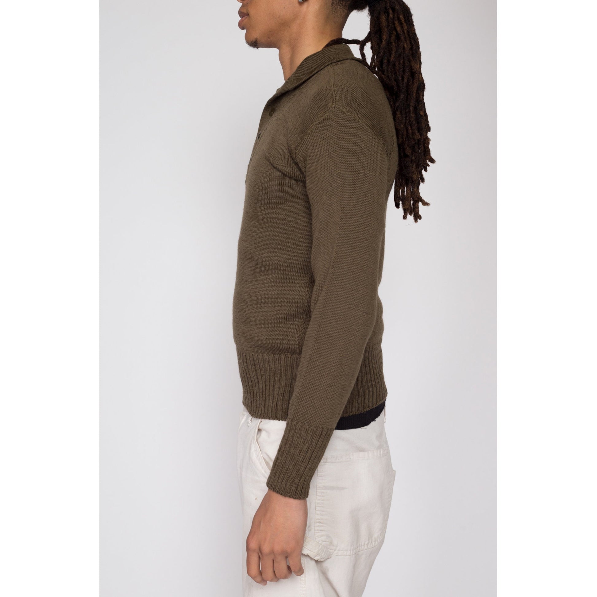 XS 1950s Olive Green Wool Military Henley Sweater | Vintage 50s US Army Long Sleeve Fitted Pullover