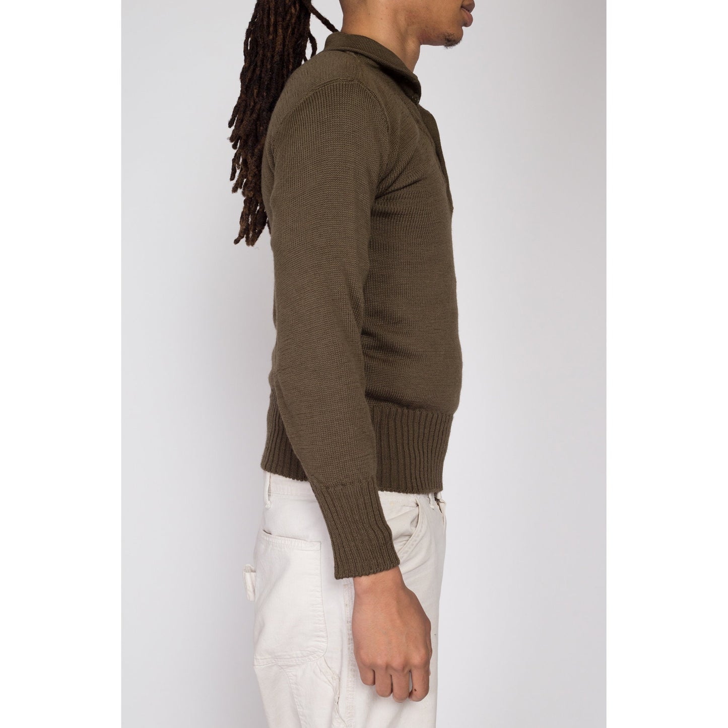 XS 1950s Olive Green Wool Military Henley Sweater | Vintage 50s US Army Long Sleeve Fitted Pullover