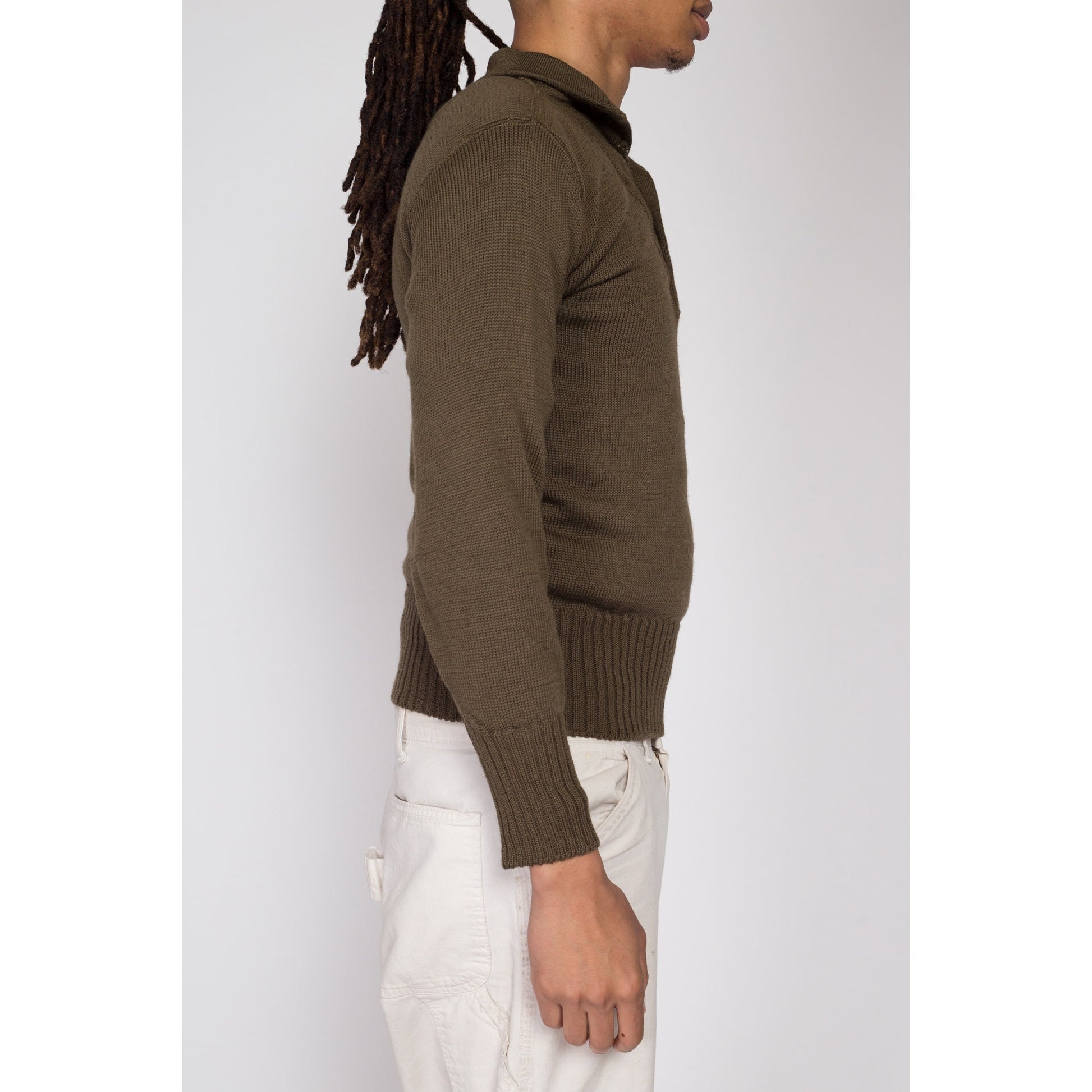 XS 1950s Olive Green Wool Military Henley Sweater | Vintage 50s US Army Long Sleeve Fitted Pullover