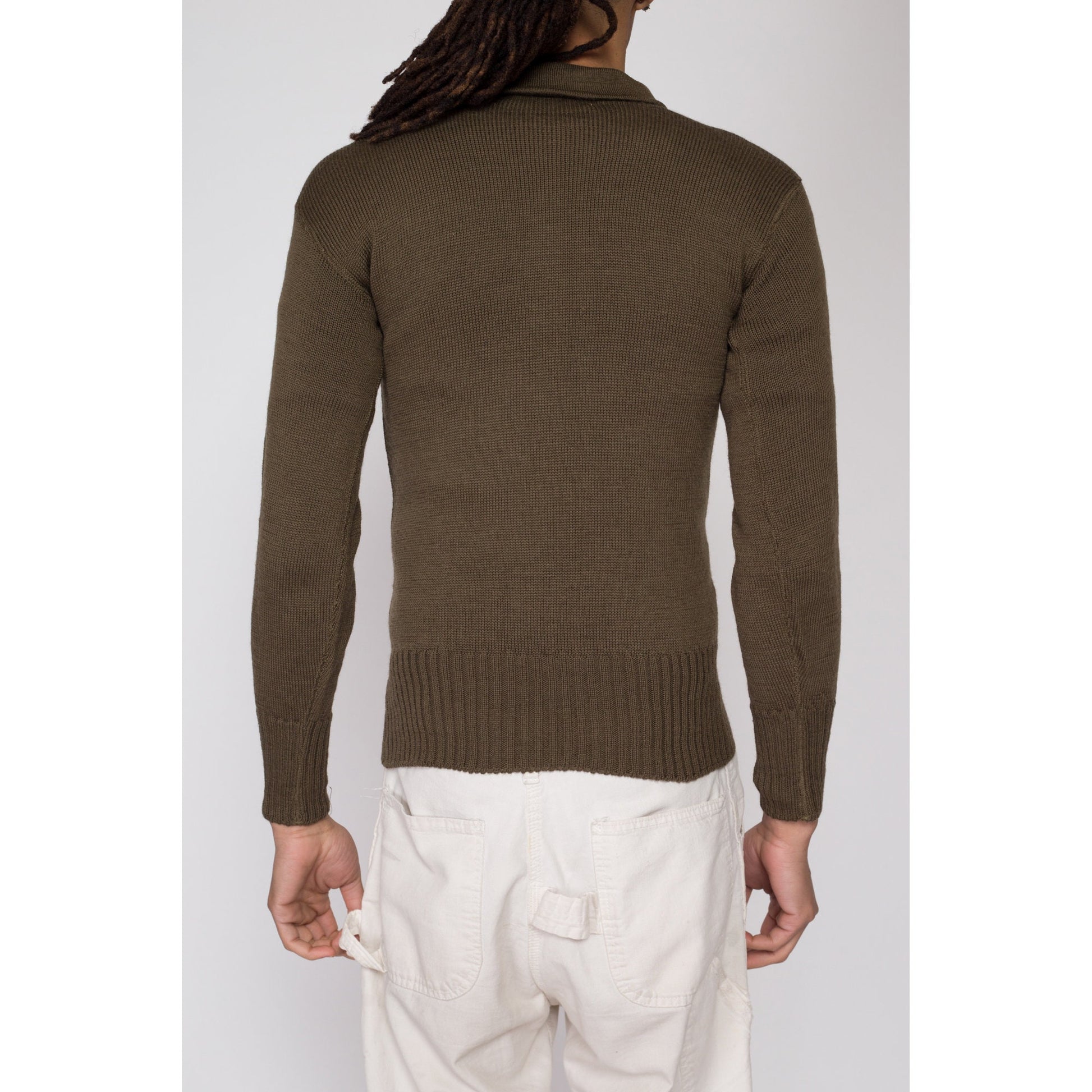 XS 1950s Olive Green Wool Military Henley Sweater | Vintage 50s US Army Long Sleeve Fitted Pullover