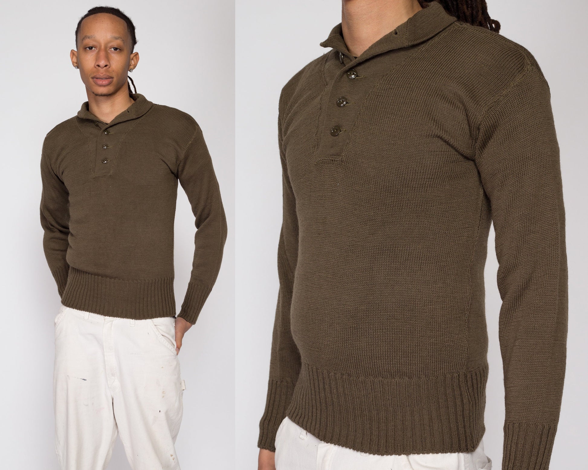 XS 1950s Olive Green Wool Military Henley Sweater | Vintage 50s US Army Long Sleeve Fitted Pullover