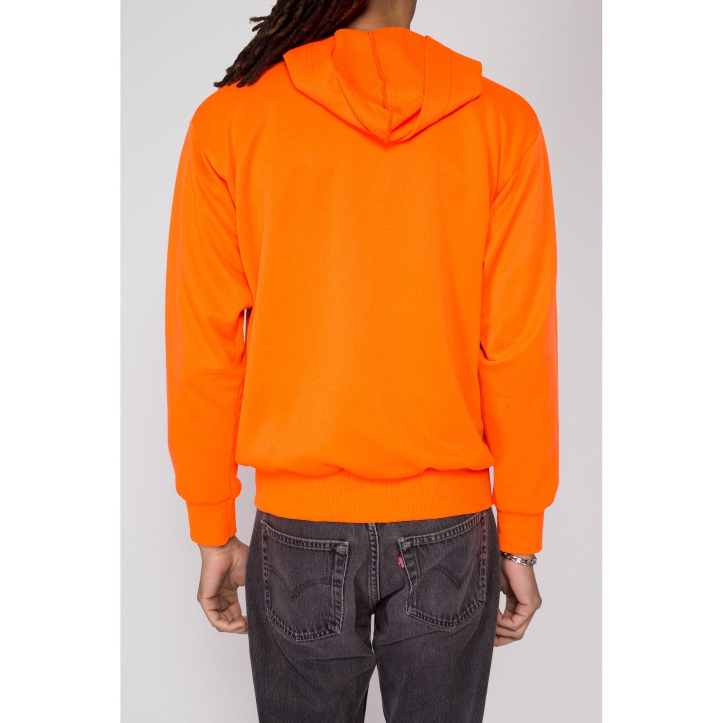 Med-Lrg 80s Neon Orange Zip Up Hoodie | Vintage Plain Hooded Sweatshirt Track Jacket