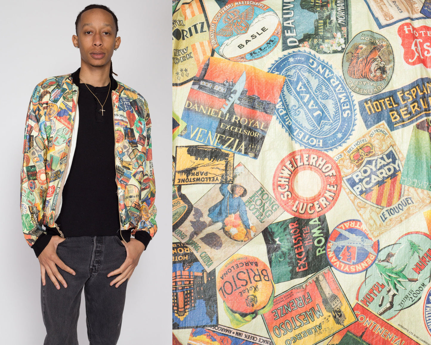 Medium 90s Tyvek Souvenir Patch Print Jacket | Vintage All Over Print Lightweight Windbreaker