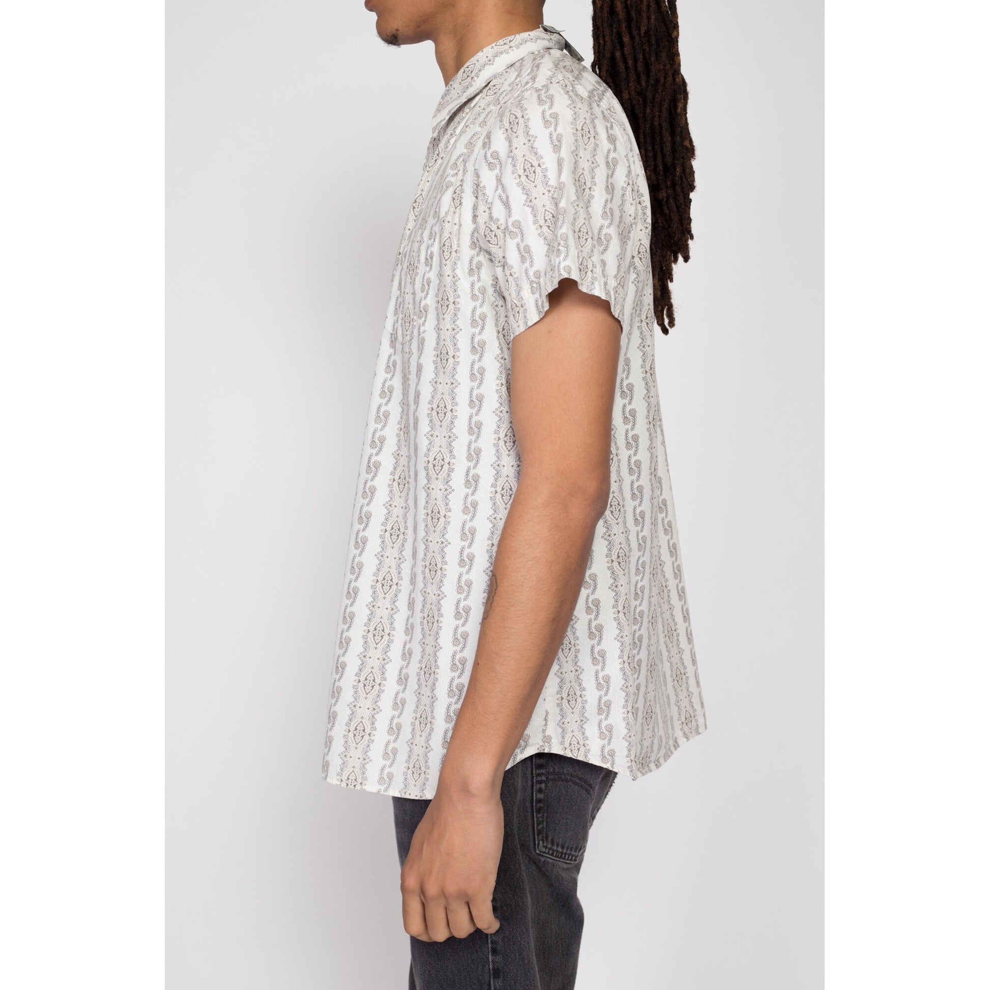 Large 80s Kennington Baroque Striped Shirt | Vintage Men's Short Sleeve Button Up Collared Top