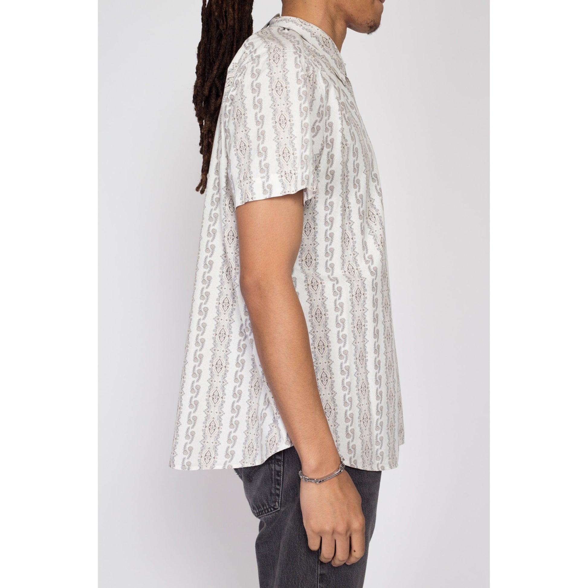 Large 80s Kennington Baroque Striped Shirt | Vintage Men's Short Sleeve Button Up Collared Top