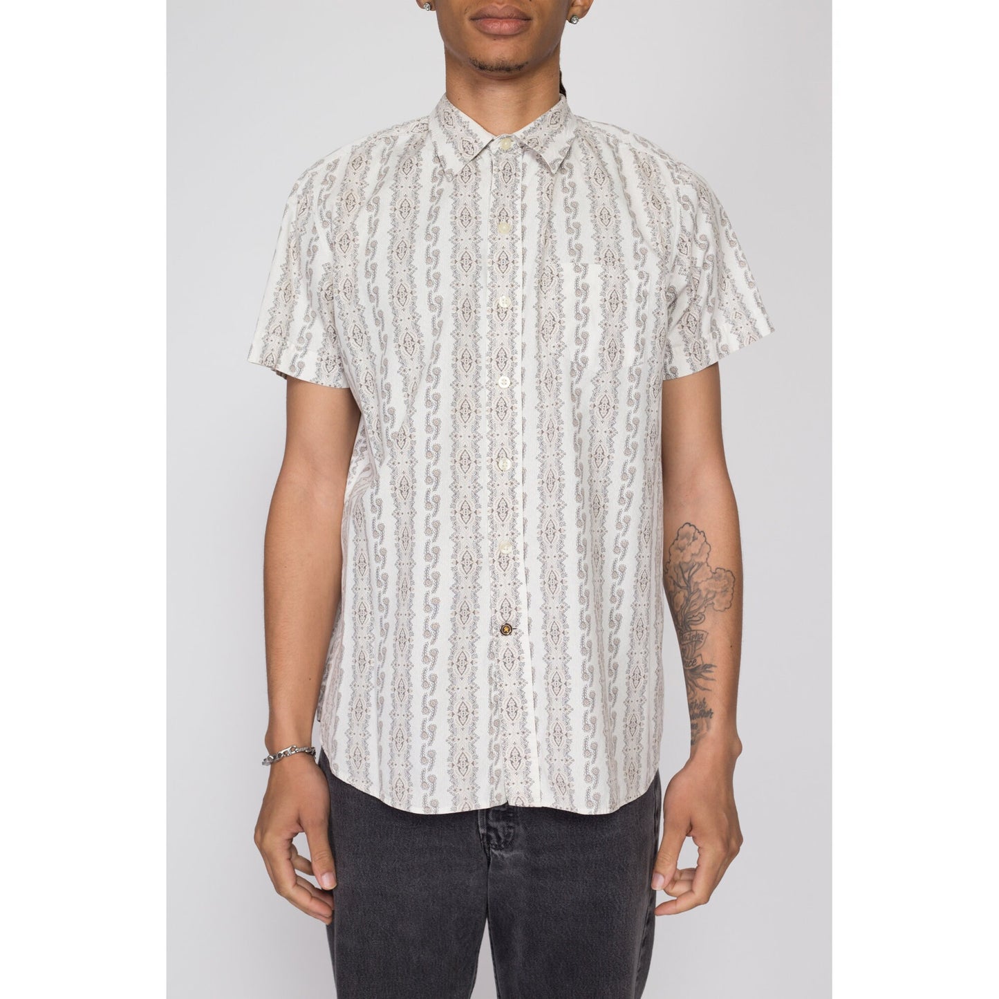 Large 80s Kennington Baroque Striped Shirt | Vintage Men's Short Sleeve Button Up Collared Top