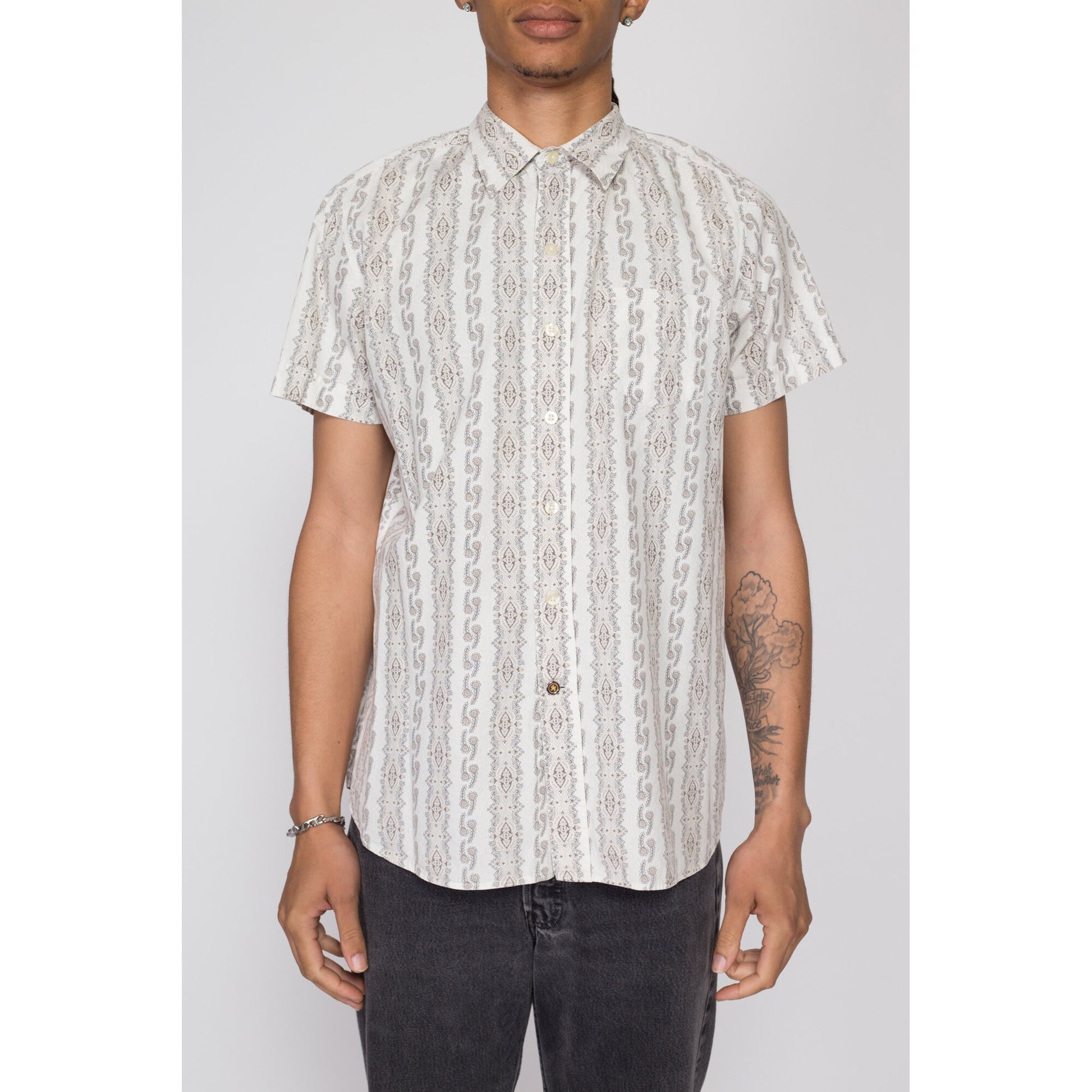 Large 80s Kennington Baroque Striped Shirt | Vintage Men's Short Sleeve Button Up Collared Top