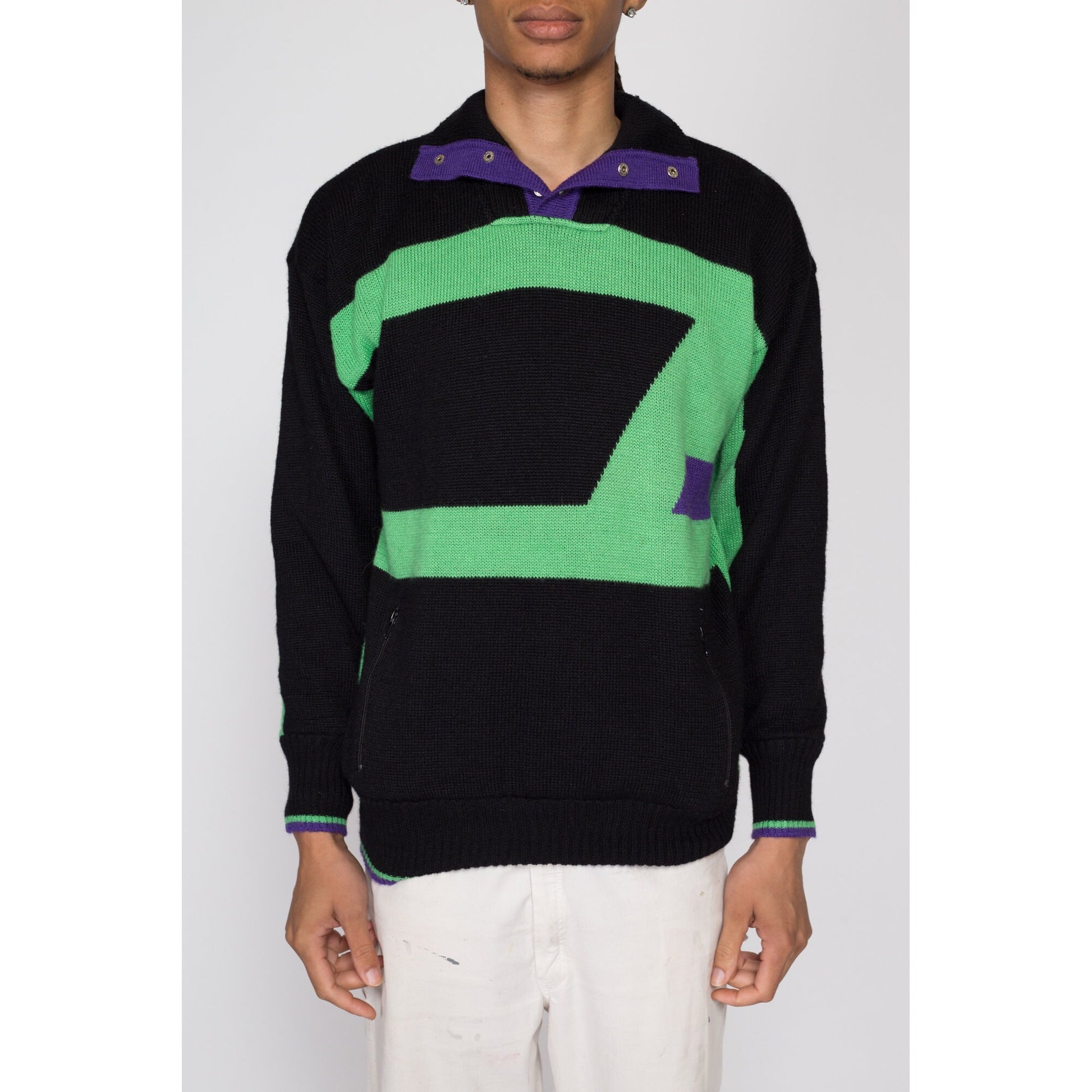Medium 80s Black & Green Color Block White Stag Ski Sweater | Vintage Lined Knit Pullover Jumper