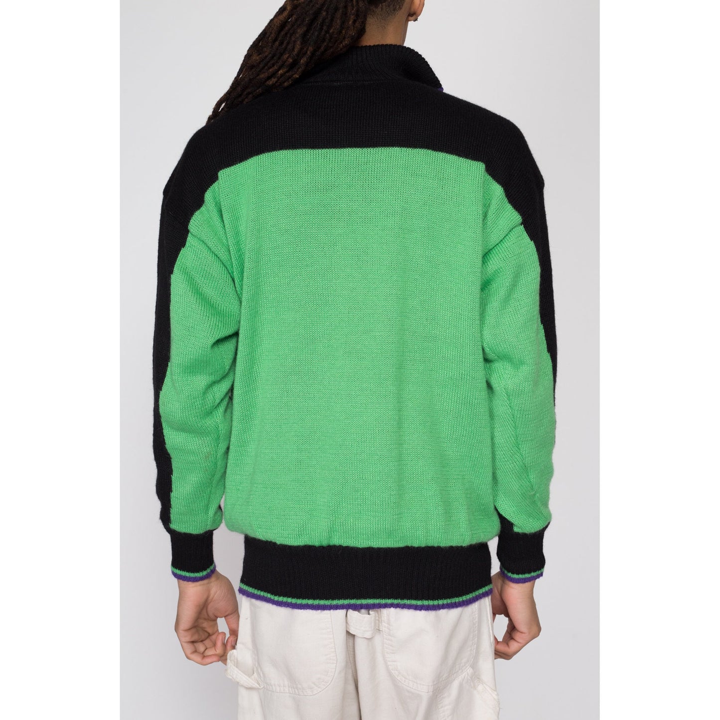 Medium 80s Black & Green Color Block White Stag Ski Sweater | Vintage Lined Knit Pullover Jumper