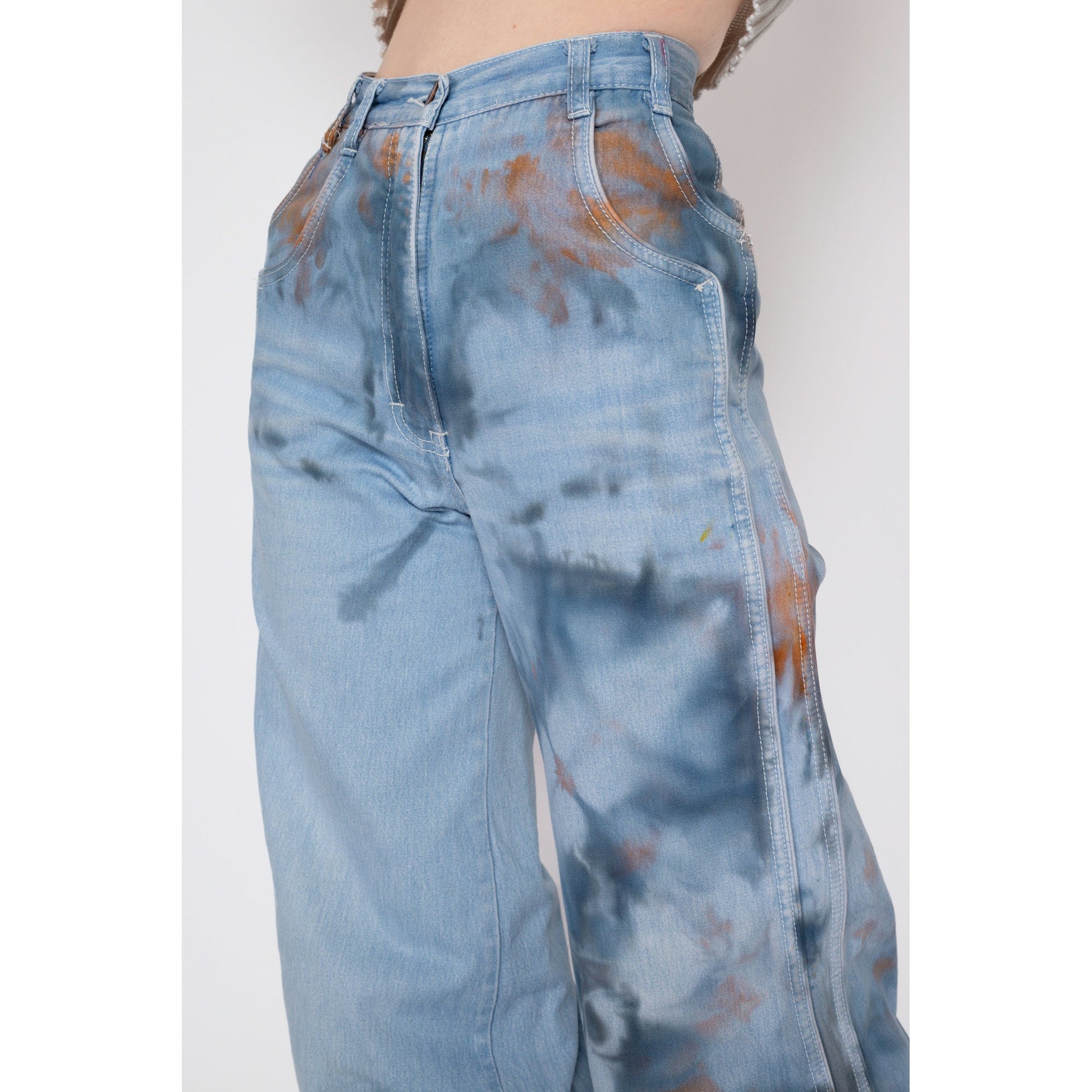 XXS 70s Tie Dye Flared Sailor Jeans 22" | Vintage Light Blue High Waisted Wide Leg Bell Bottoms