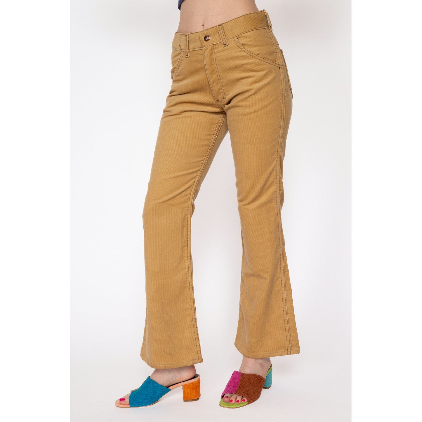 XS 70s Tan Corduroy Mid Rise Flared Pants | Vintage Sears Toughskins Cords Retro Hippie Trousers