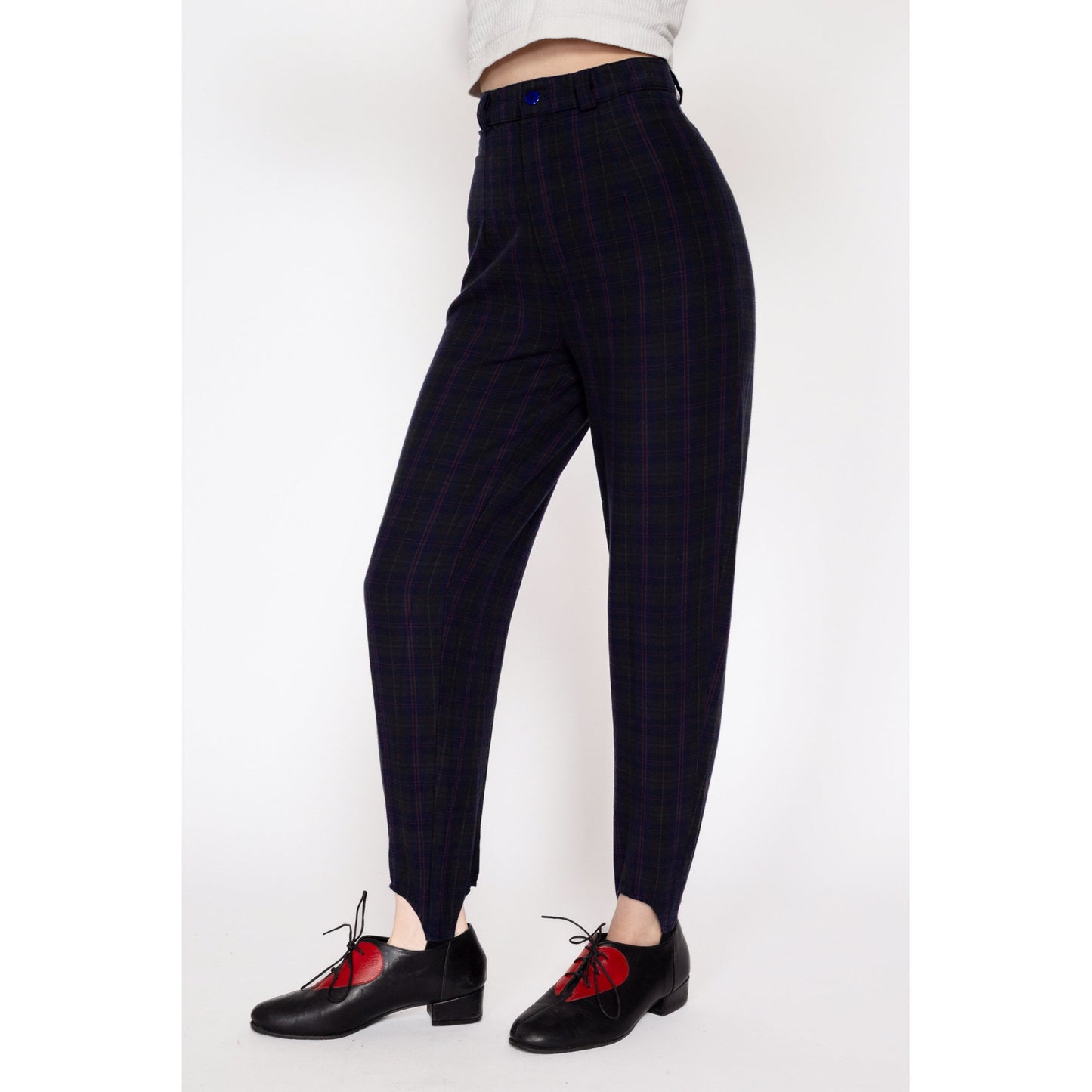 Petite XS 80s Plaid High Waisted Stirrup Pants 23.5" | Vintage Grey Blue Tapered Leg High Rise Skinny Trousers