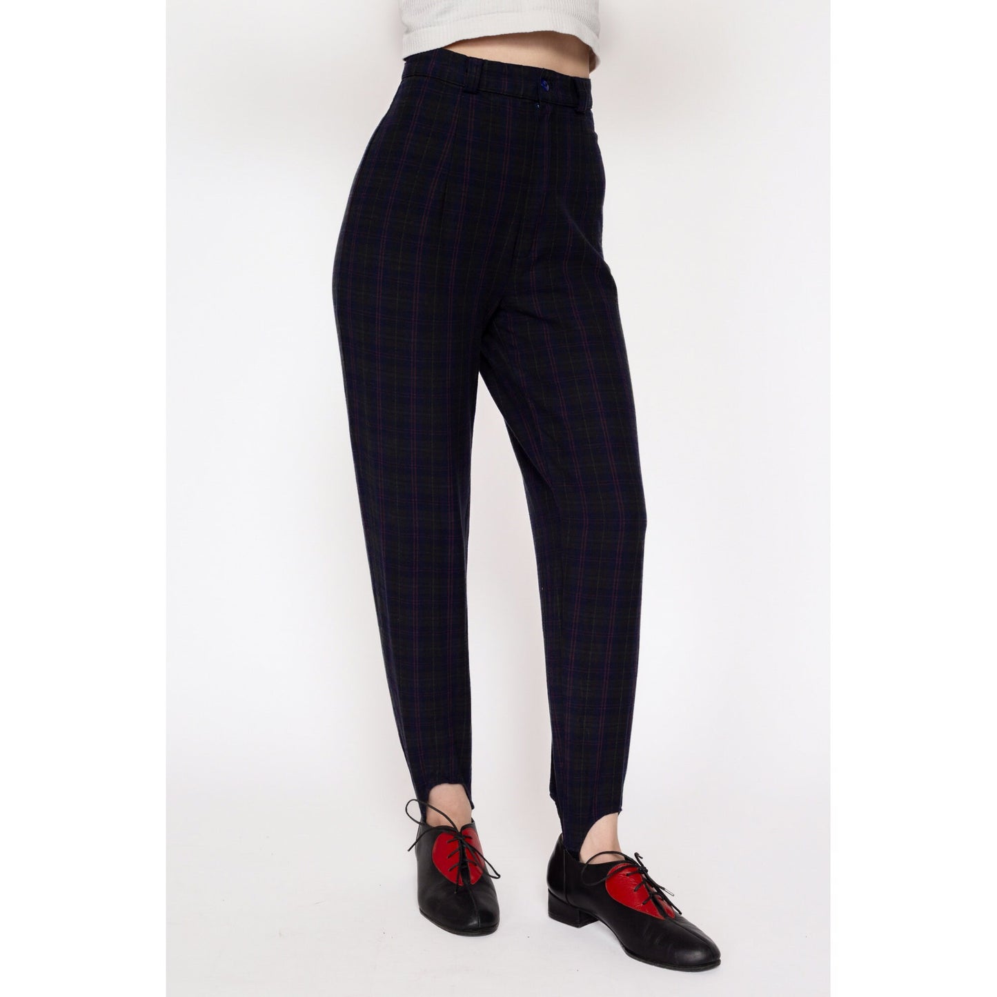 Petite XS 80s Plaid High Waisted Stirrup Pants 23.5" | Vintage Grey Blue Tapered Leg High Rise Skinny Trousers