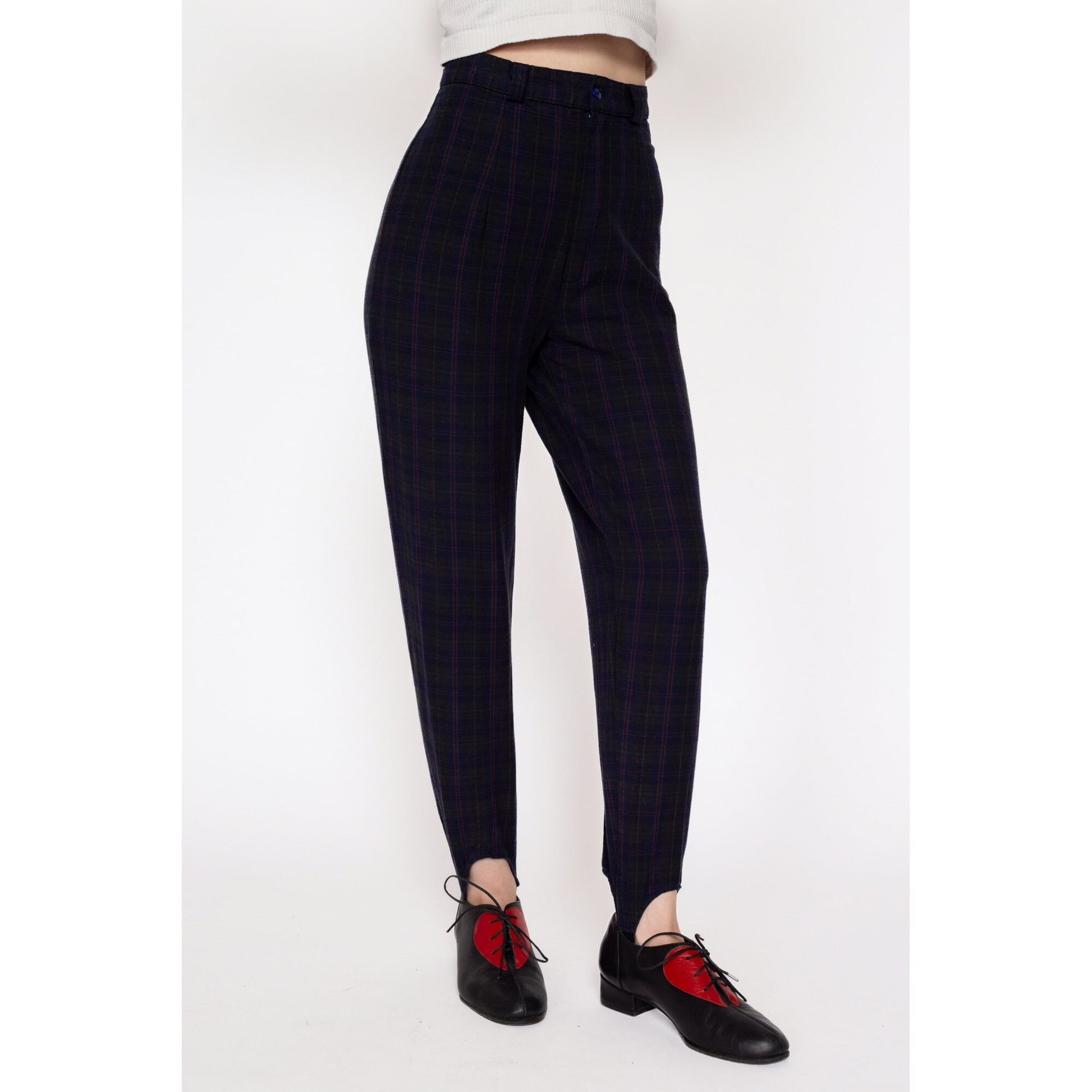 Petite XS 80s Plaid High Waisted Stirrup Pants 23.5" | Vintage Grey Blue Tapered Leg High Rise Skinny Trousers
