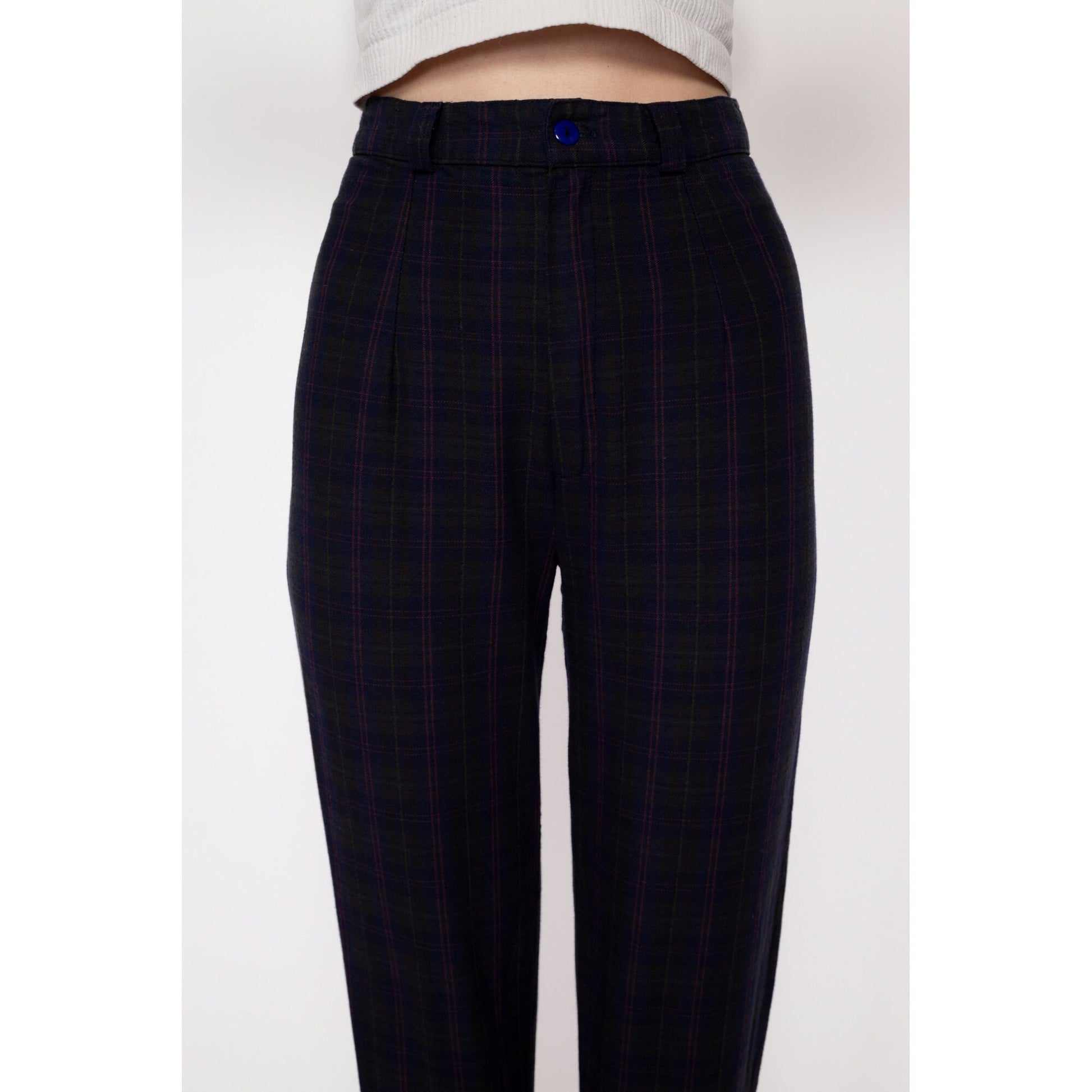 Petite XS 80s Plaid High Waisted Stirrup Pants 23.5" | Vintage Grey Blue Tapered Leg High Rise Skinny Trousers