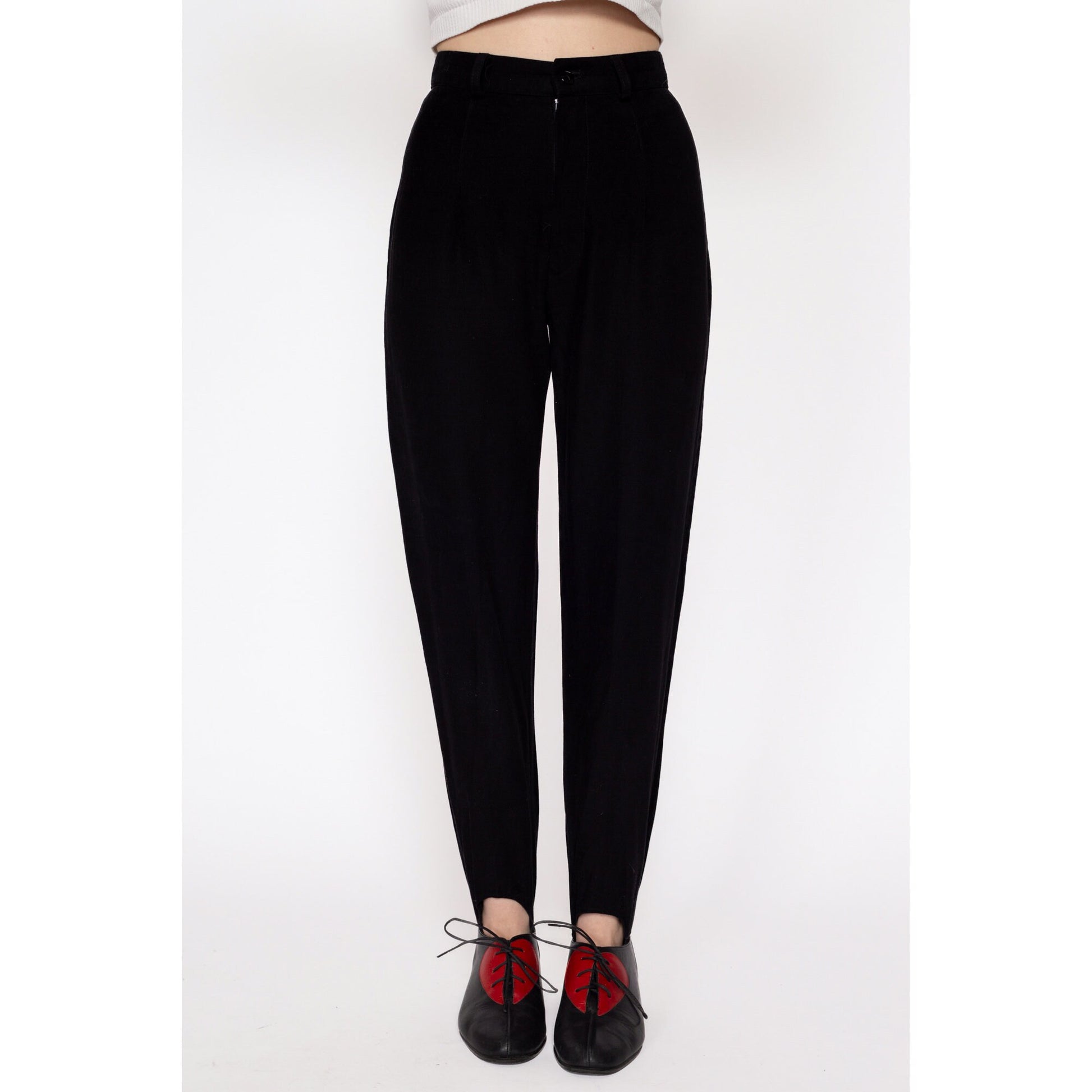 Petite XS 80s Black High Waisted Stirrup Pants 22.5" | Vintage Tapered Leg High Rise Skinny Trousers