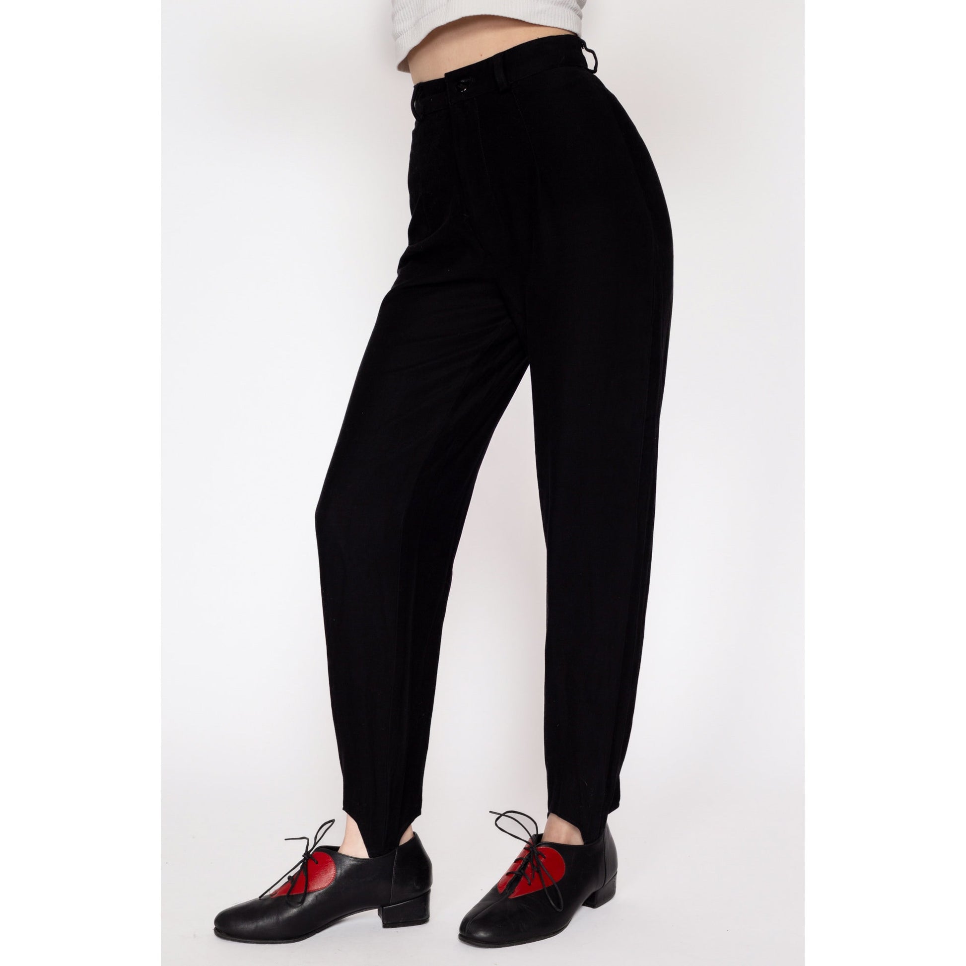 Petite XS 80s Black High Waisted Stirrup Pants 22.5" | Vintage Tapered Leg High Rise Skinny Trousers