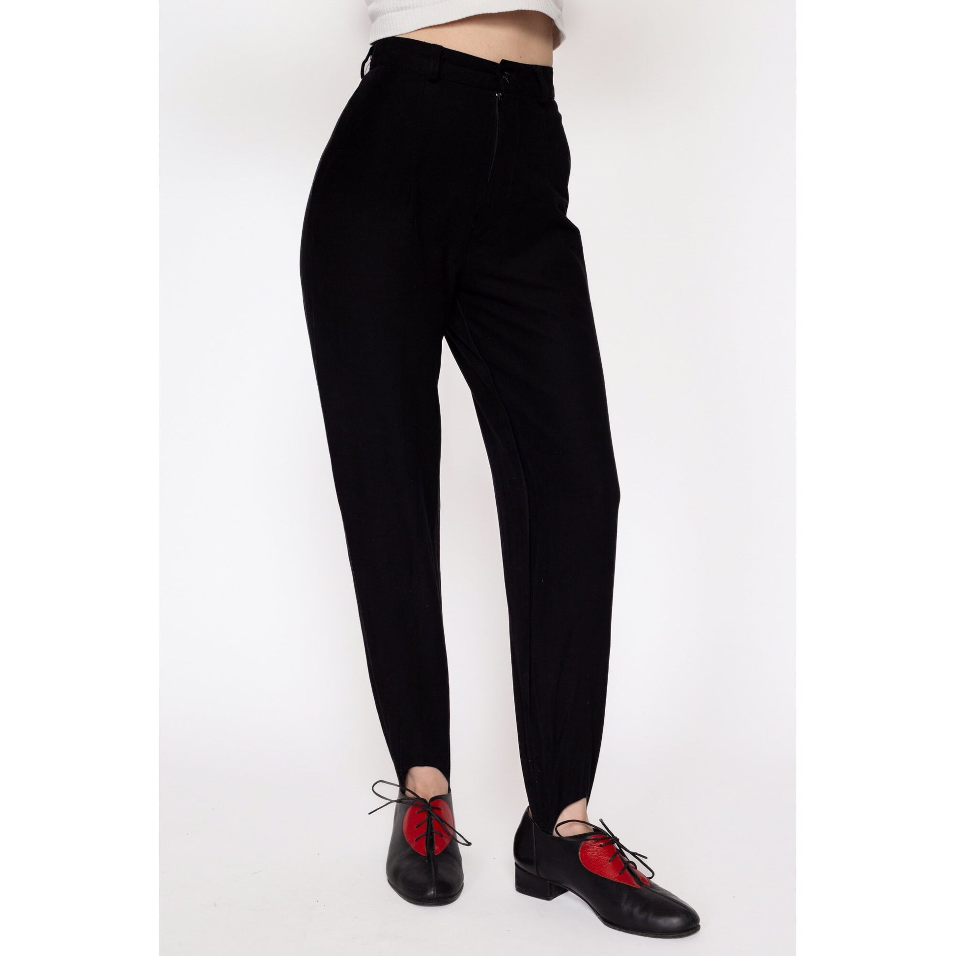 Petite XS 80s Black High Waisted Stirrup Pants 22.5" | Vintage Tapered Leg High Rise Skinny Trousers