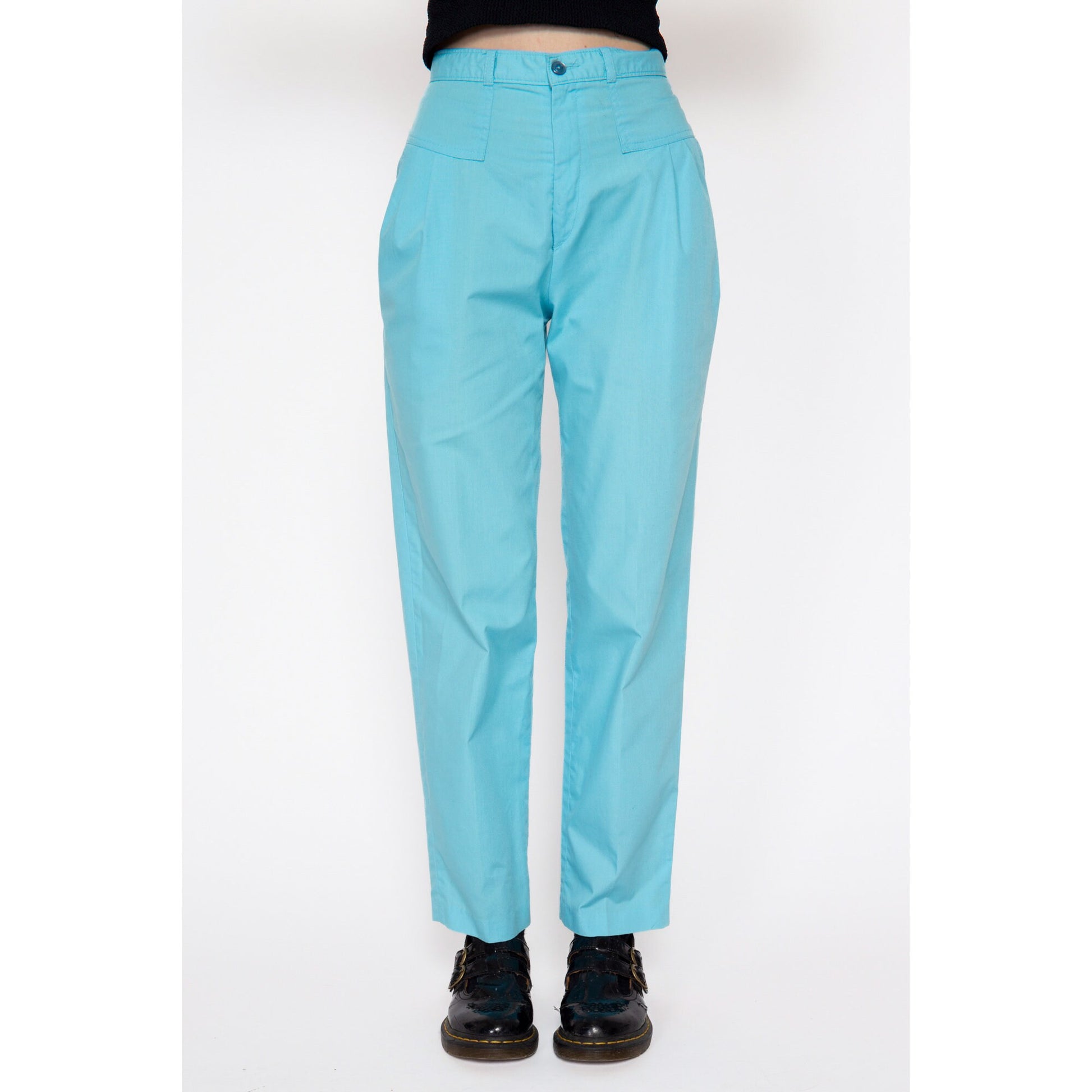 Petite XS 80s Sky Blue High Waisted Pleated Pants 24" | Retro Preppy Vintage Tapered Leg Trousers