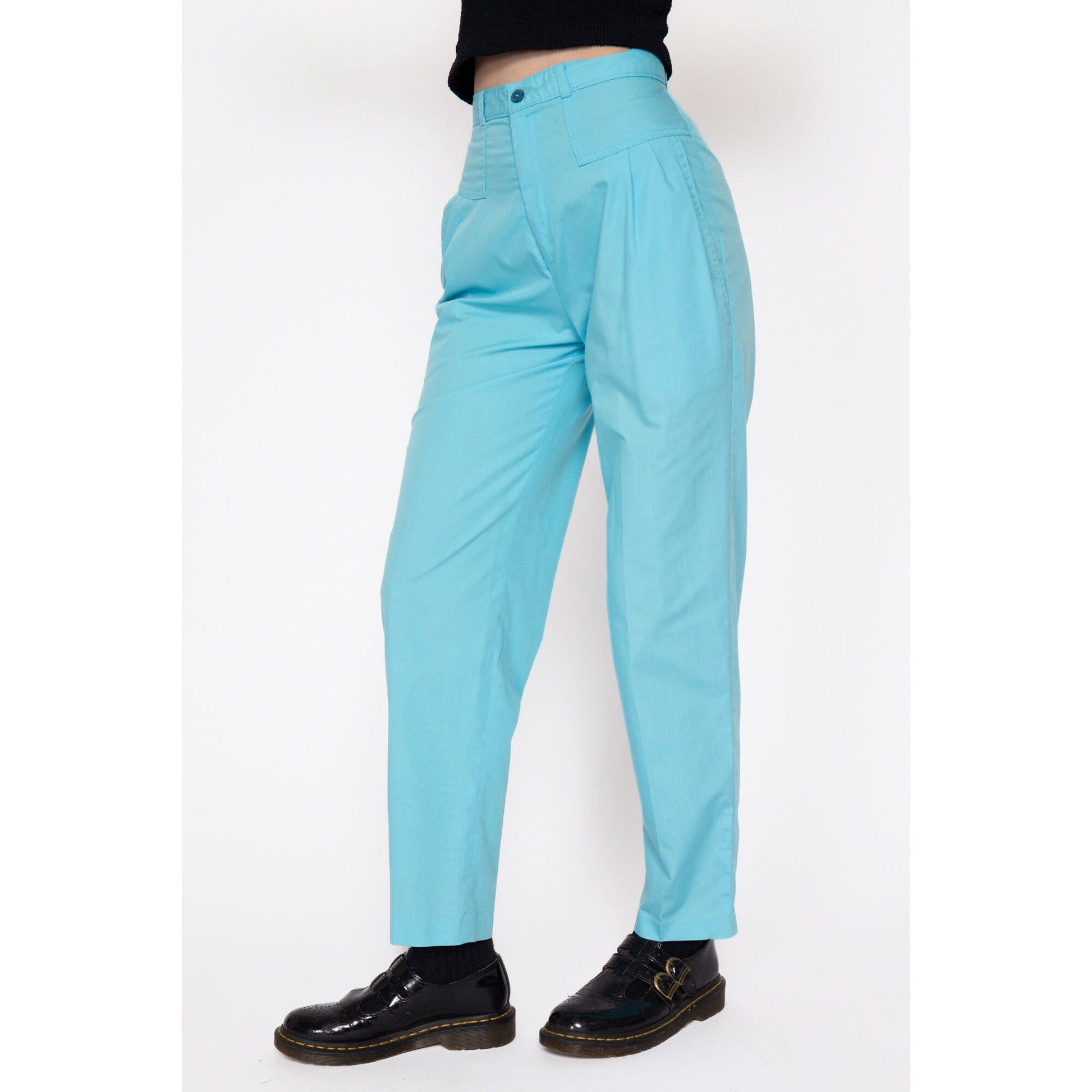 Petite XS 80s Sky Blue High Waisted Pleated Pants 24" | Retro Preppy Vintage Tapered Leg Trousers