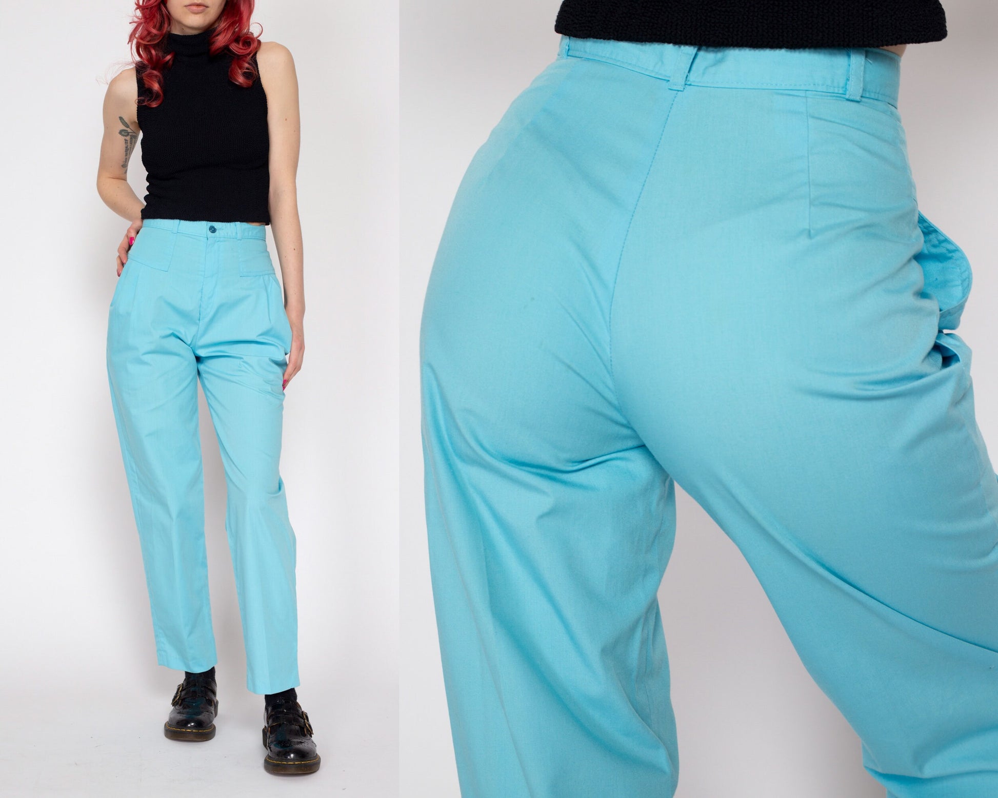 Petite XS 80s Sky Blue High Waisted Pleated Pants 24" | Retro Preppy Vintage Tapered Leg Trousers