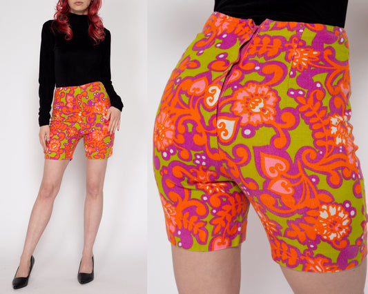 XXS 60s Psychedelic Flower Power Shorts 23.5" | Vintage High Waisted Floral Long Shorts