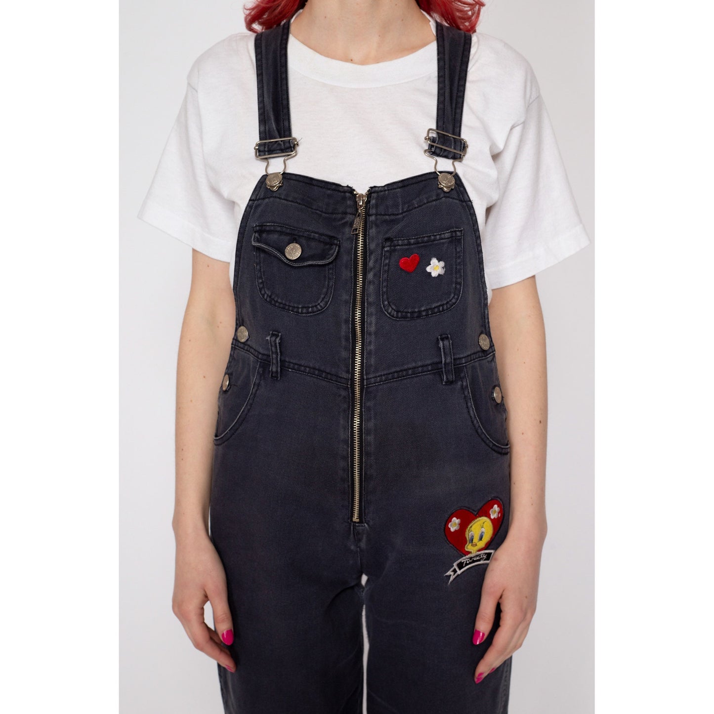 Petite XS 90s Tweety Bird Faded Black Denim Overalls | Vintage Looney Tunes Cartoon Tapered Leg Zip Front Dungarees