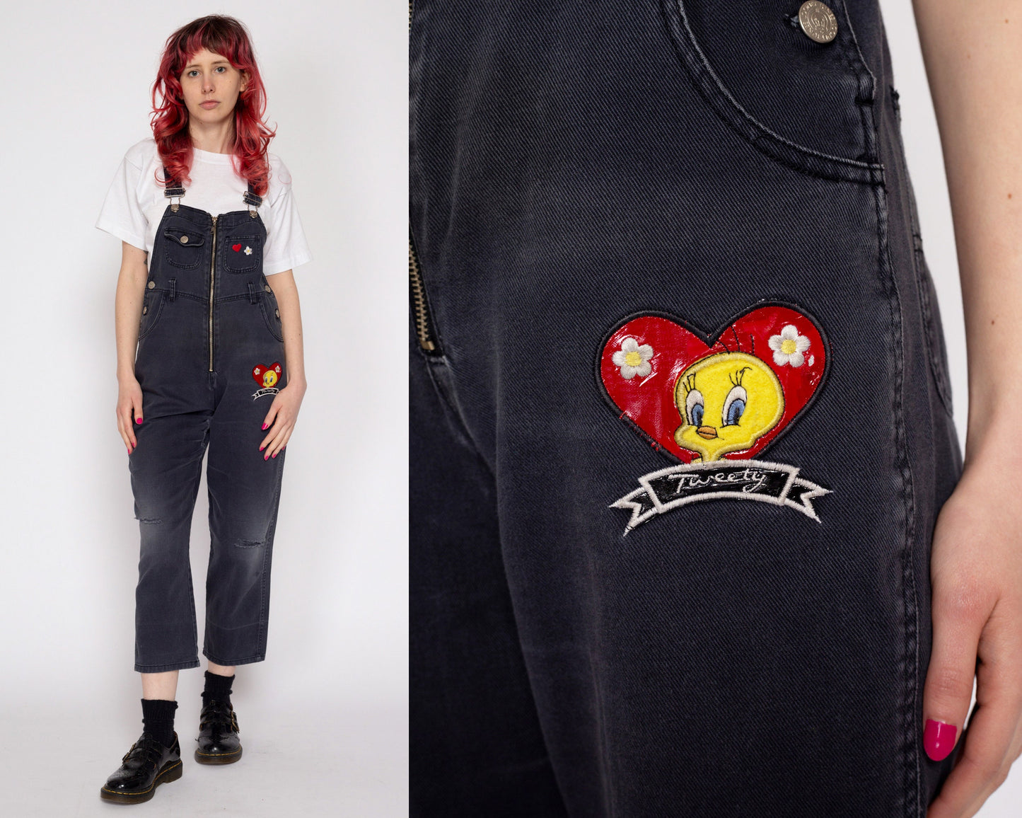 Petite XS 90s Tweety Bird Faded Black Denim Overalls | Vintage Looney Tunes Cartoon Tapered Leg Zip Front Dungarees