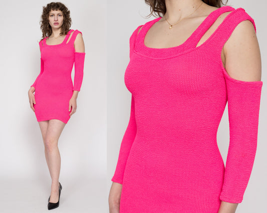 Small 90s Hot Pink Cold Shoulder Crinkle Bodycon Mini Dress | Vintage Stretchy Fitted Long Sleeve Party Dress