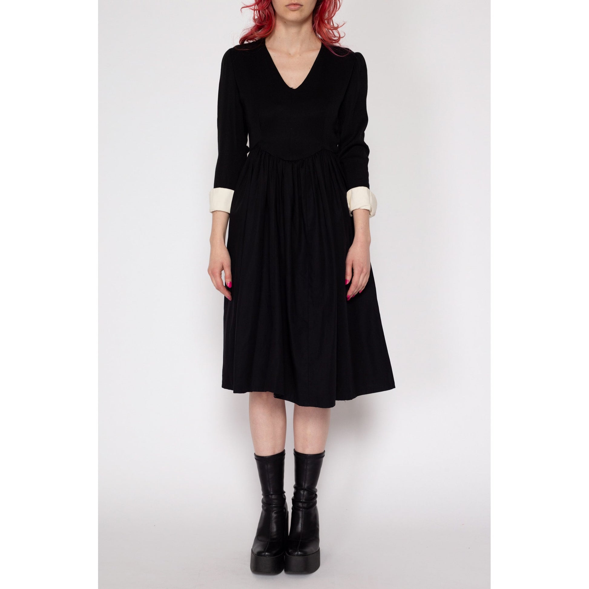 1940s Black & White Gothic Fit Flare Midi Dress - Petite XS 1940s Black & White Gothic Fit Flare Midi Dress - Petite XS
