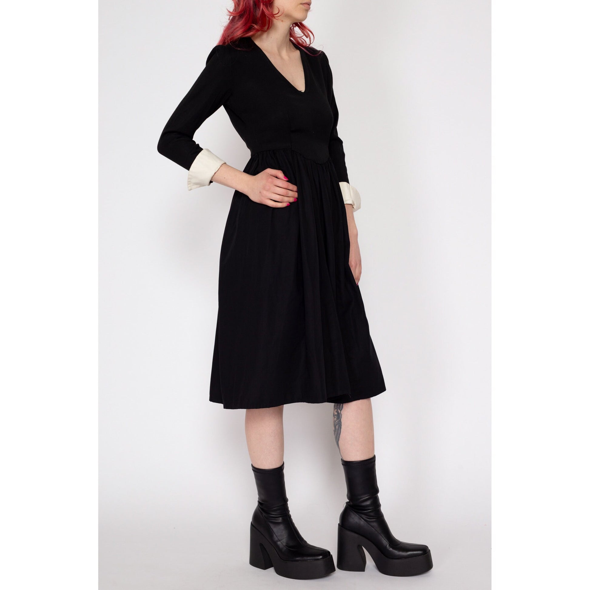 1940s Black & White Gothic Fit Flare Midi Dress - Petite XS Flying Apple Vintage 1940s Black & White Gothic Fit Flare Midi Dress - Petite XS Flying Apple Vintage