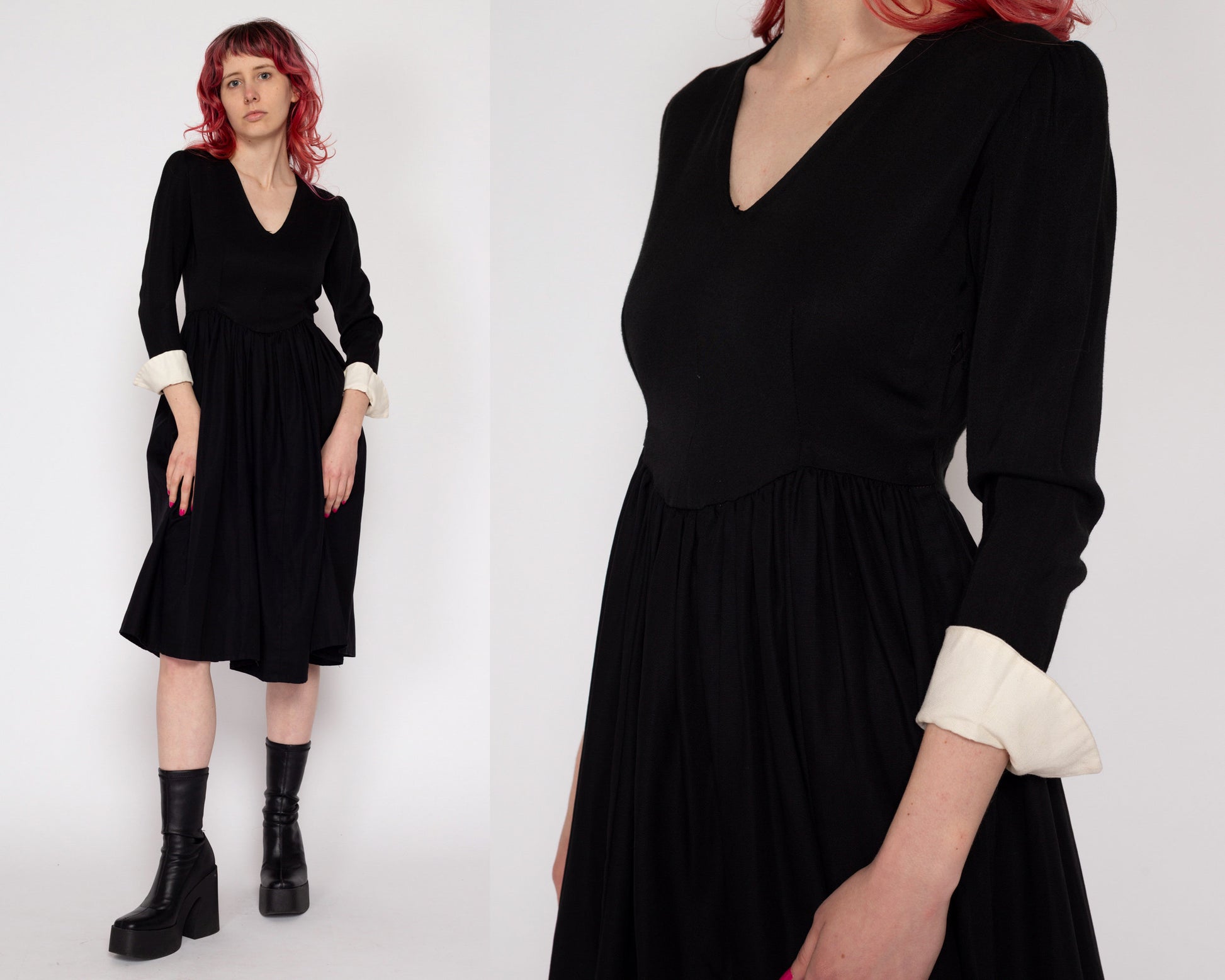1940s Black & White Gothic Fit Flare Midi Dress - Petite Xs 1940s Black & White Gothic Fit Flare Midi Dress - Petite Xs