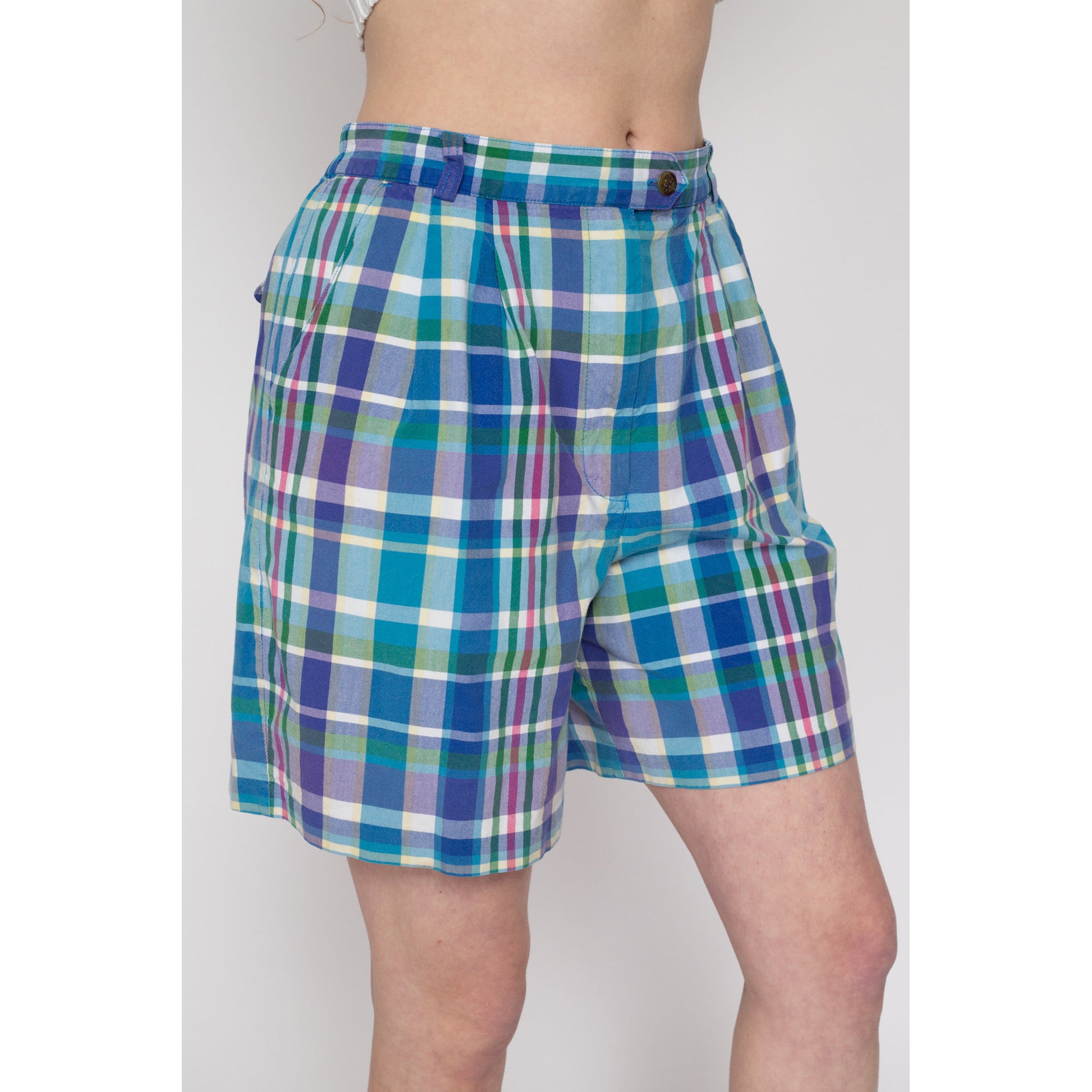 Med-Lrg 90s Izod Blue & Green Plaid Shorts 29"-31" | Vintage High Waisted Casual Pleated Shorts