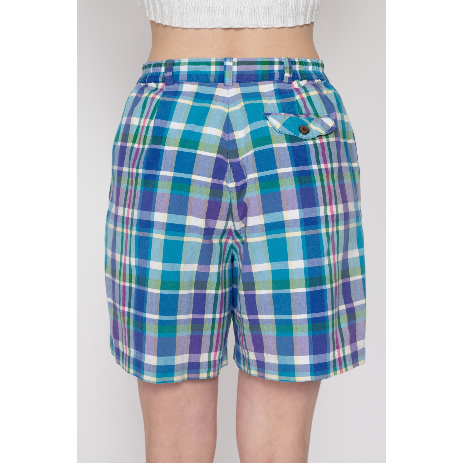 Med-Lrg 90s Izod Blue & Green Plaid Shorts 29"-31" | Vintage High Waisted Casual Pleated Shorts
