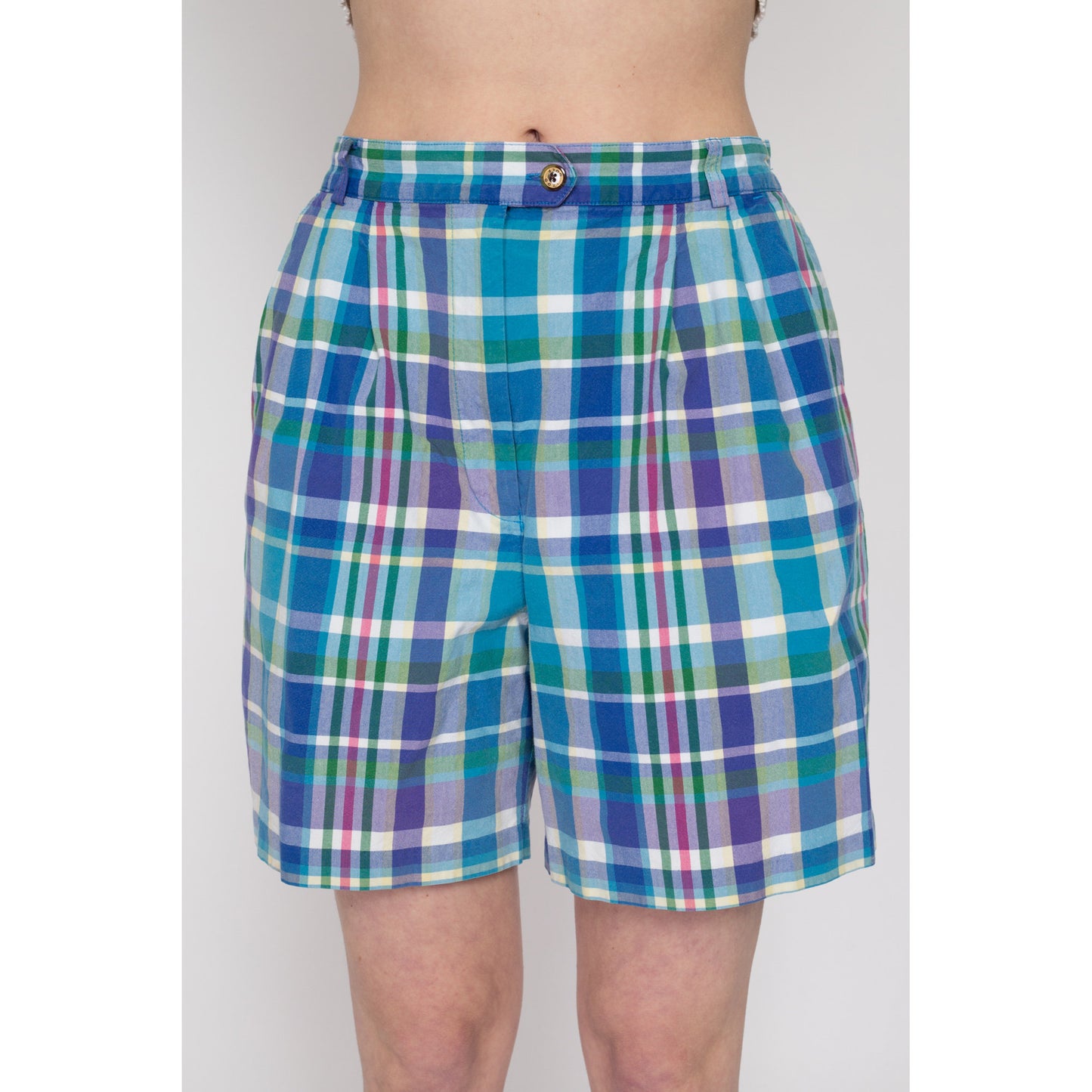 Med-Lrg 90s Izod Blue & Green Plaid Shorts 29"-31" | Vintage High Waisted Casual Pleated Shorts
