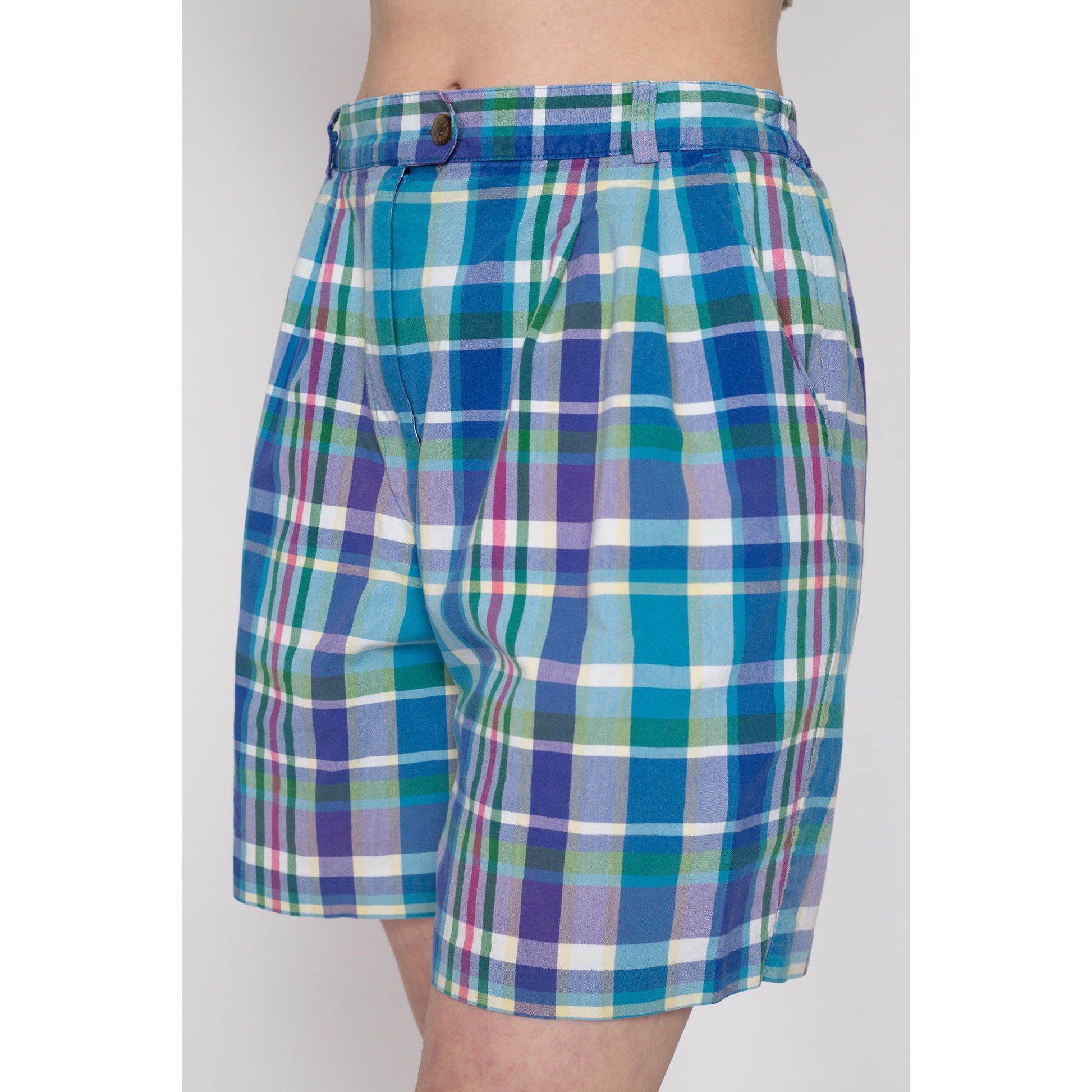 Med-Lrg 90s Izod Blue & Green Plaid Shorts 29"-31" | Vintage High Waisted Casual Pleated Shorts