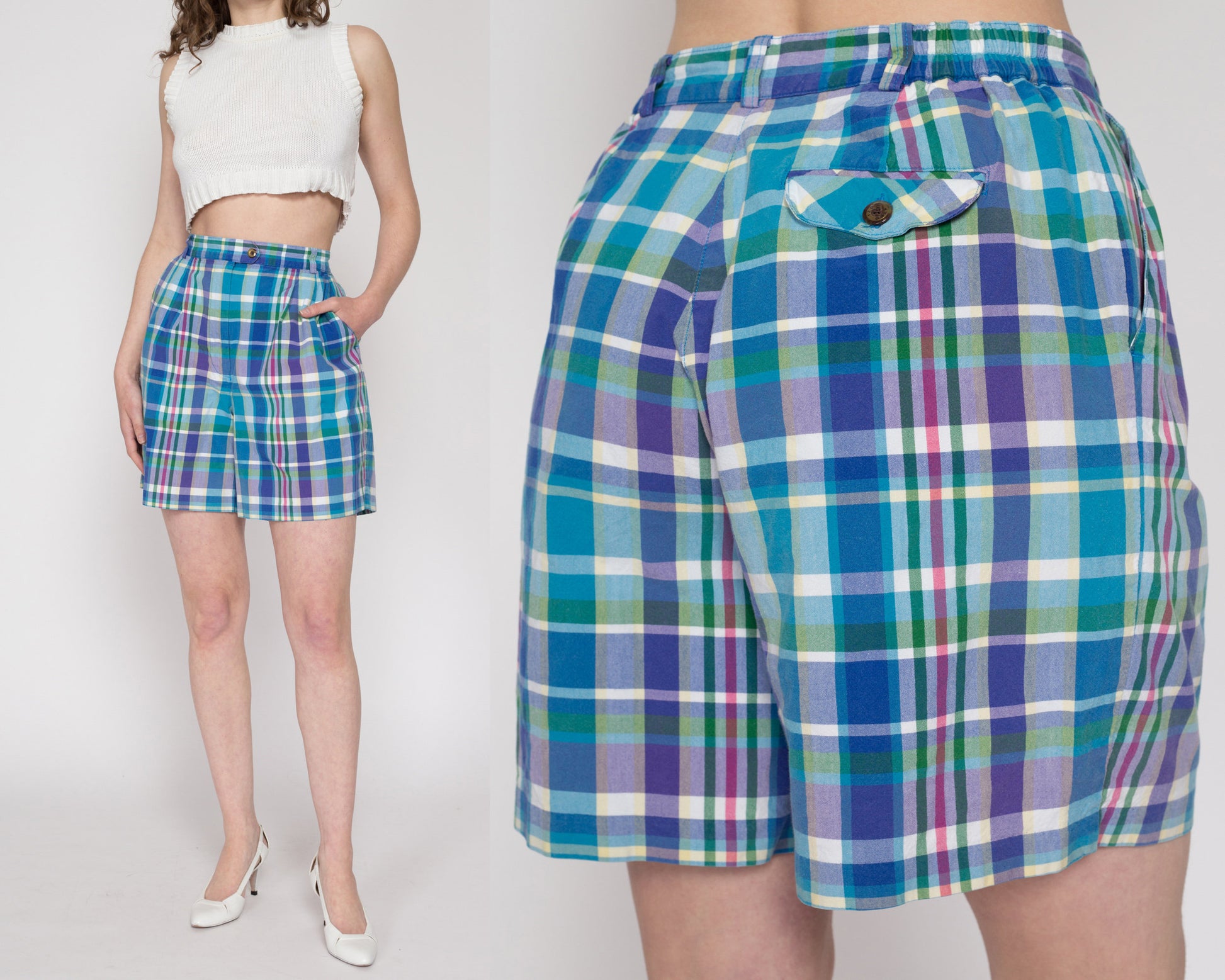 Med-Lrg 90s Izod Blue & Green Plaid Shorts 29"-31" | Vintage High Waisted Casual Pleated Shorts