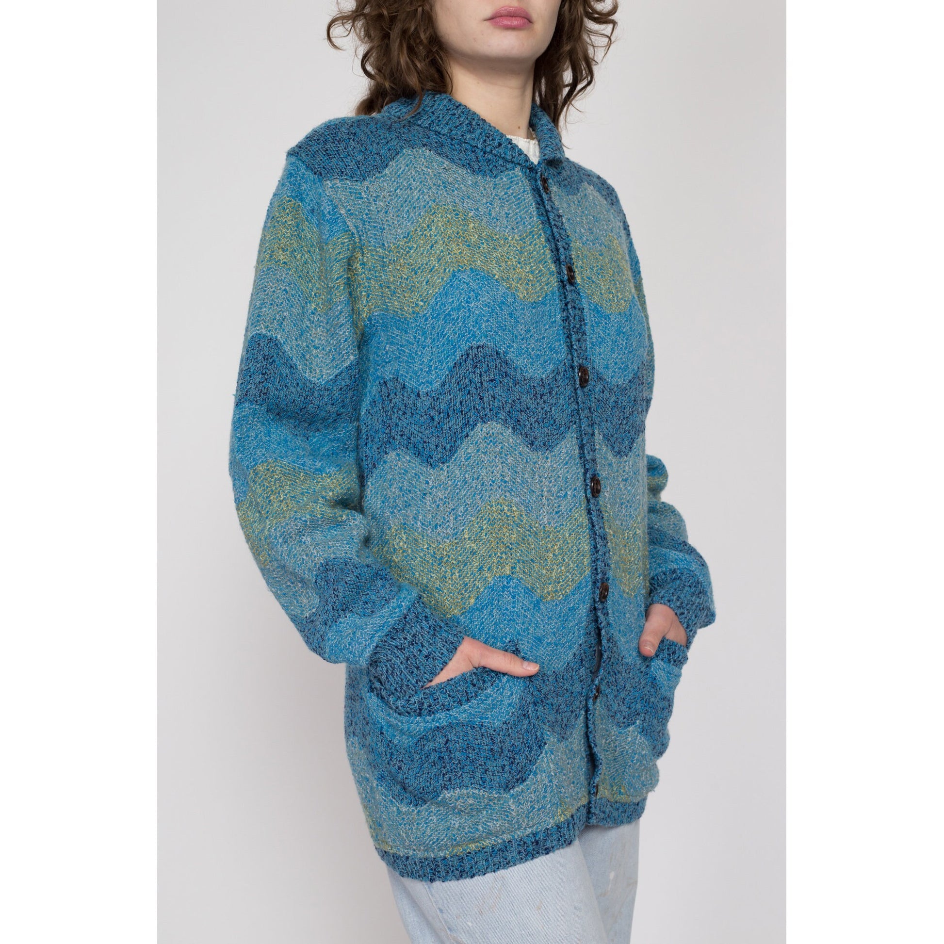 XL 80s Missoni Uomo Blue Wavy Striped Knit Cardigan | Vintage Italian Designer Button Up Wool Blend Sweater