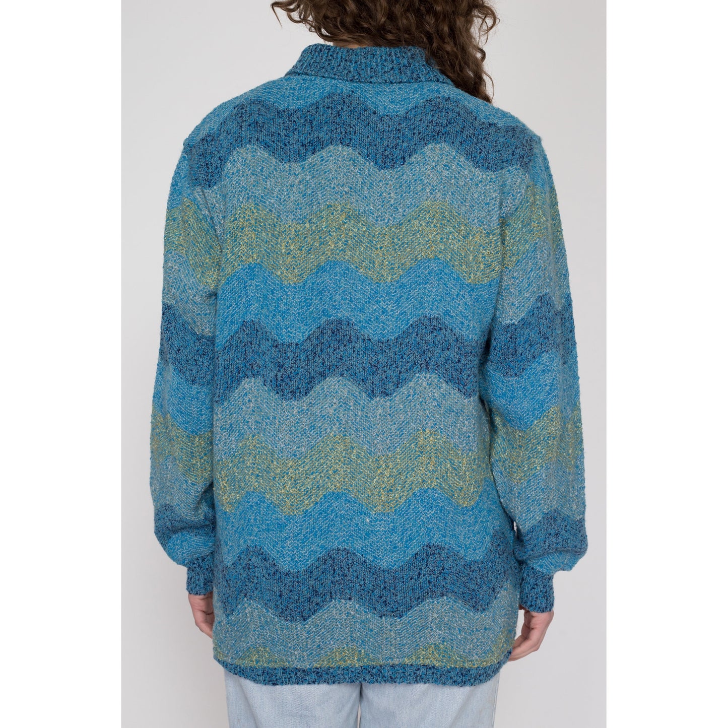 XL 80s Missoni Uomo Blue Wavy Striped Knit Cardigan | Vintage Italian Designer Button Up Wool Blend Sweater