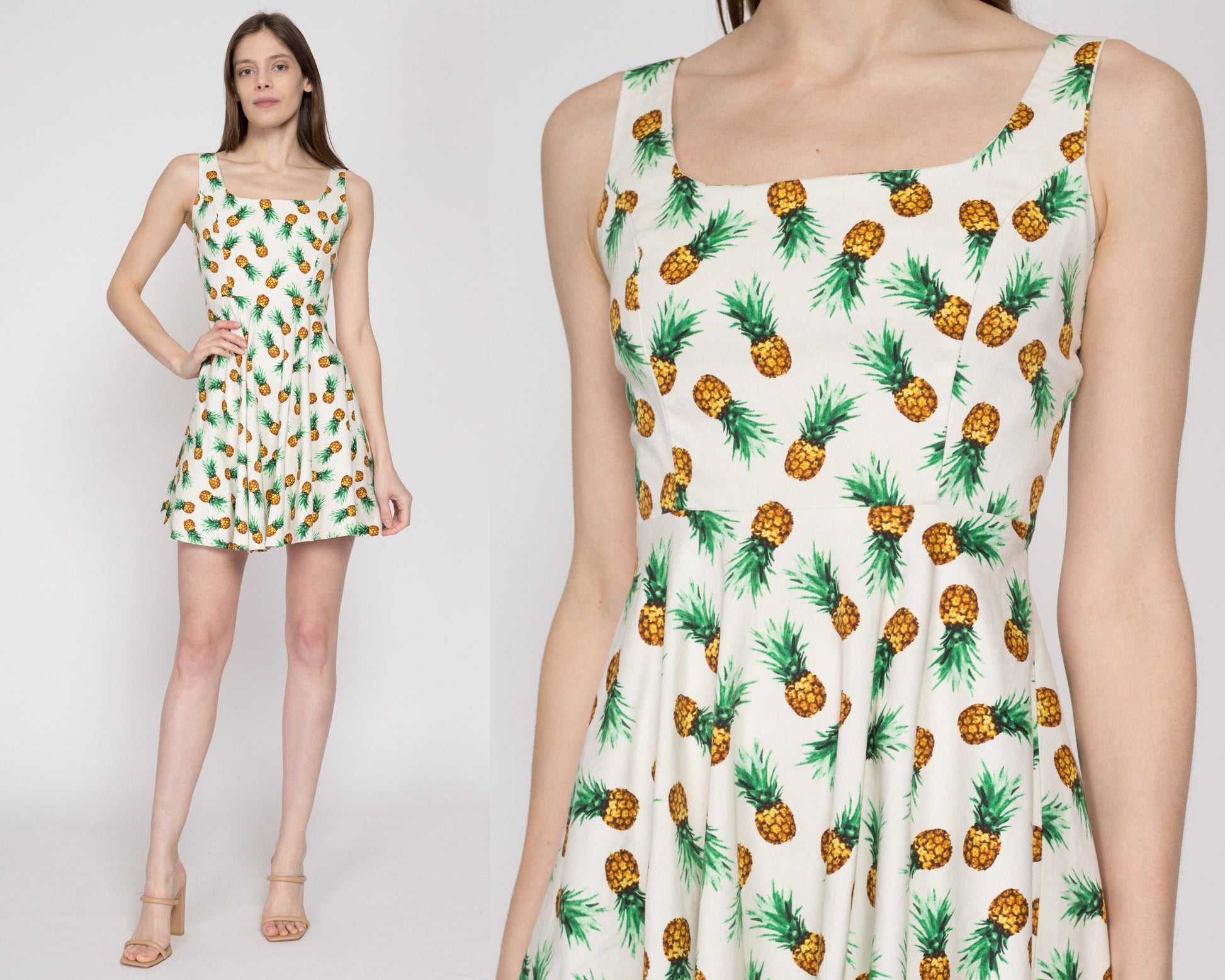 XS Y2K Pineapple Print Fit & Flare Mini Dress | Retro Vintage Babydoll Sundress