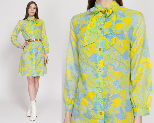 Medium 60s Green Floral Ascot Shirtdress | Vintage Button Front Long Sleeve Boho Mini Shift Dress